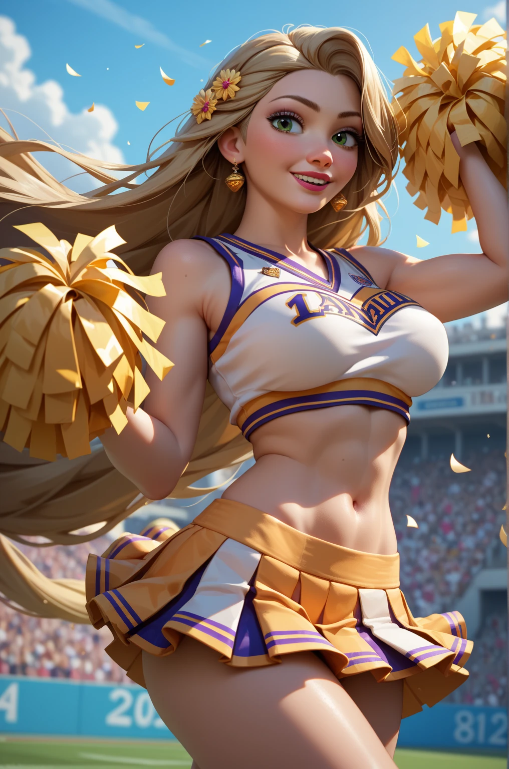 (best quality,4k,8k,highres,masterpiece:1.2),ultra-detailed, 1girl, Greek Goddess Aphrodite as a college student, wearing a blue cheerleader uniform with gold accents, blond hair, blue eyes, leaping into the air, from the sidelines of a match, chearful smile on her face, HDR, 8k, absurdres, cinestill 800, sharp focus