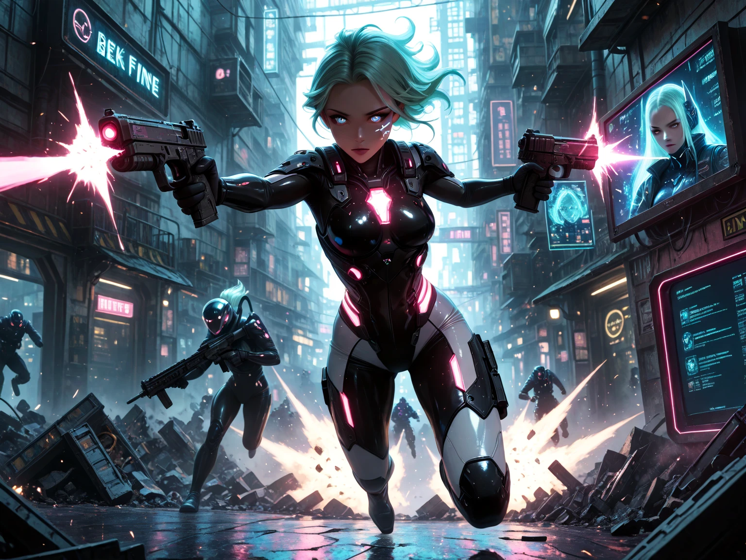 (masterpiece:1.3, best quality, high-resolution:1.3, intricate, absurd:1.3, 8k wallpaper, delicate facial features:1.3, extremely detailed, super fine illustration, good anatomy), BREAK, 2girl:1.5, BREAK, (1girl\White tight battle suit with pink glowing lines\In front of the screen\On the left\Holding an assault rifle), BREAK, BREAK, BREAK, (1girl\In the back of the screen\On the right\Black tight battle suit with glowing lines\Firing a handgun), BREAK, BREAK, BREAK, highly detailed background, Near-future urban warfare, Cyberpunk city, Light rays running through the air, Dynamic angles, Speedy images, Beautiful light and effects, Beautiful color expression