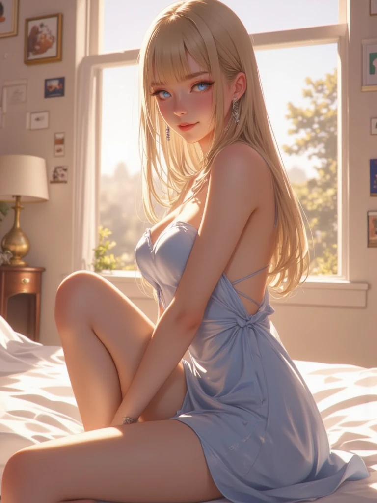 (obra-prima, melhor qualidade) 1.5, 1girl, solo, (sexy, mulher bonita, rosto perfeito, olhos perfeitos) , samus aran, vestido de couro longo, mostrando o corpo inteiro, deitada na cama de frente para o espectador (olhos azuis, cabelo longo loiro, cabelo longo) --auto
