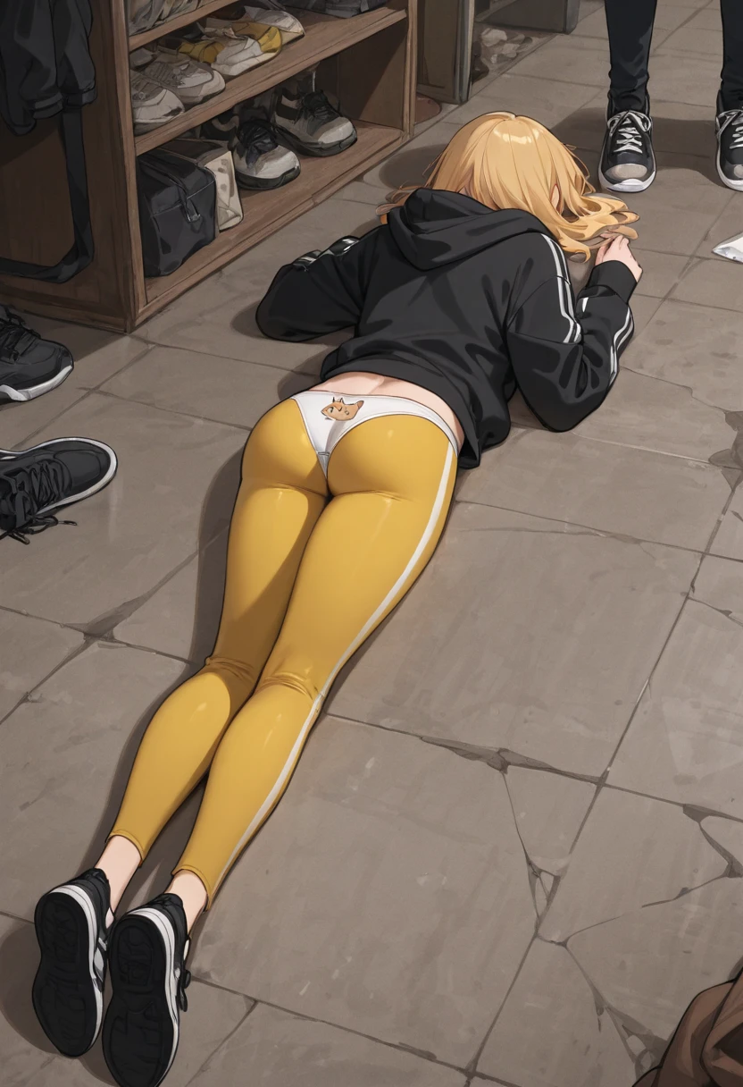 Girl in a yellow cropped raincoat，Raincoat hood to cover face，full body pov，Squat position，Barefoot，Accentuate the texture of raincoats and gelcoats，Accentuates the translucent texture of the raincoat，Characters take up a third of the frame