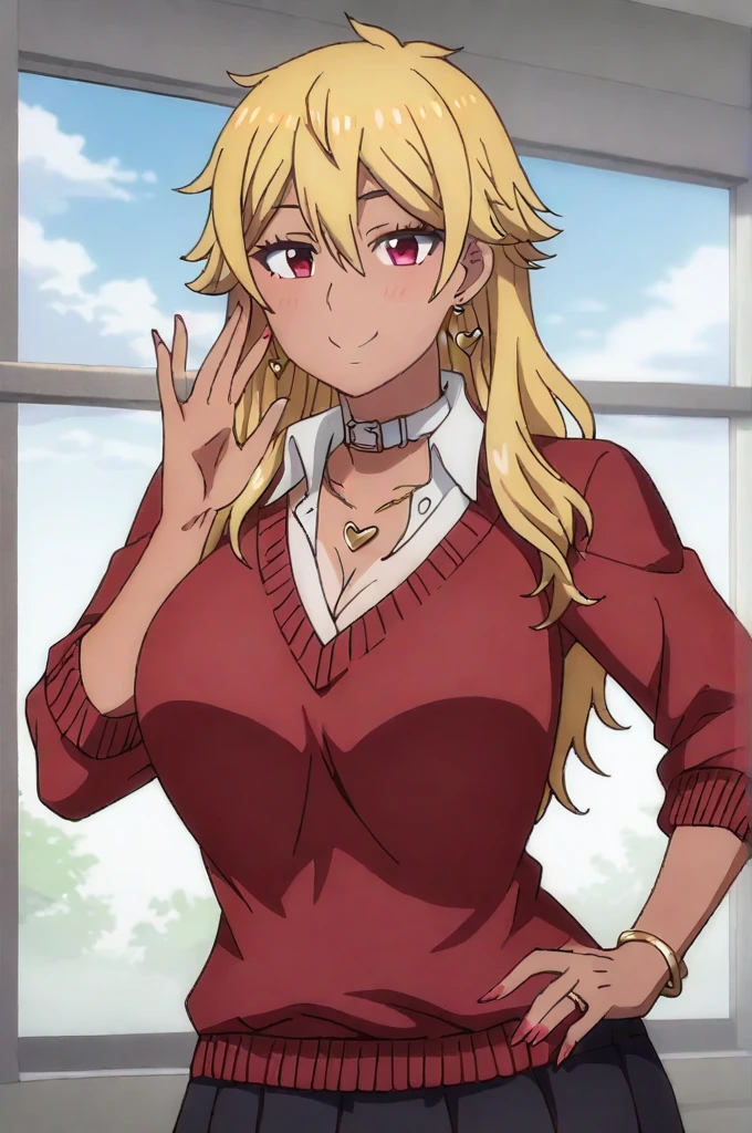 ((best quality)),((highly detailed)),masterpiece,absurdres,detailed face,beautiful face,(detailed eyes, deep eyes),1girl,  Tomo, solo, long blond wavy curly hair, red eyes, short skirt , sky, day, cloud, pleated skirt, leopard print panty, outdoors, shirt button up cleavage, looking at viewer, open clothes, standing, white shirt unbotten cleavage, Gyaru, Big breast, tanned skin, Thick lips, a lot of earpierce, Necklace,Bracelet, Half eye open, Smile, (((Tanned skin))),((Blond colored hair)),1girl,Solo,(Blond hair),Smug expression,Glossed lip, Chocker, long nail