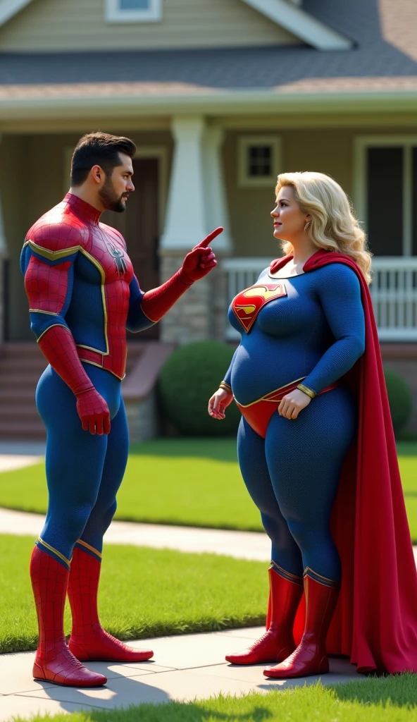 bbw superheroine in tight clothes is standing next to a small old woman, full bodies,
