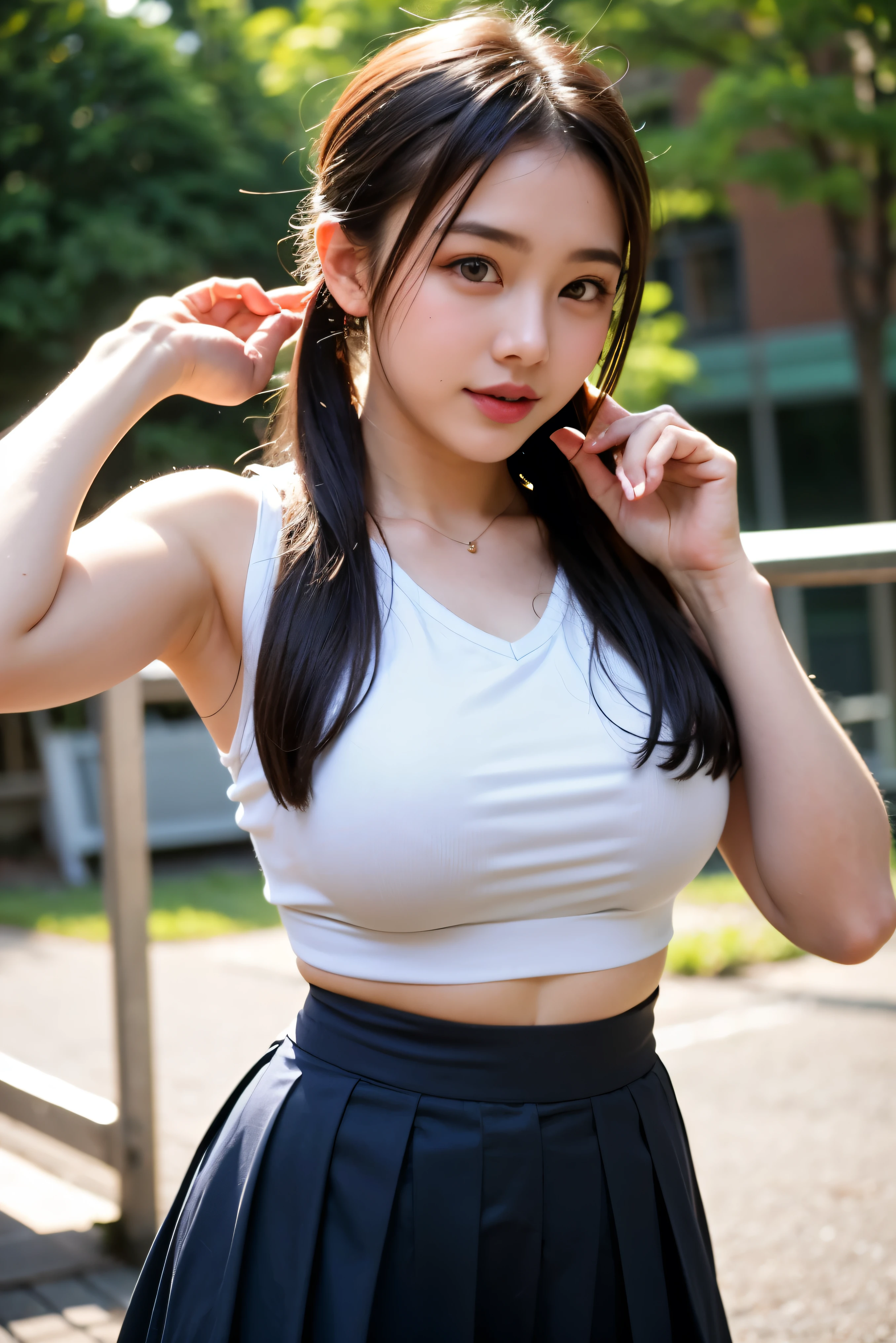 1 Girl, Beautiful, Baby Face, 16 Years Old, White Skin, Huge Round Breasts, Wearing Detailed Taiwan High Top, Wearing High School Skirt, ((muscles:1.2)), School Playground Outdoor, Grey Hair, Hands up Pose, Grey Ponytails, ((bokeh:1.1)), ((adorable:1.1)), ((masterpiece:1.1)), High School Outfit