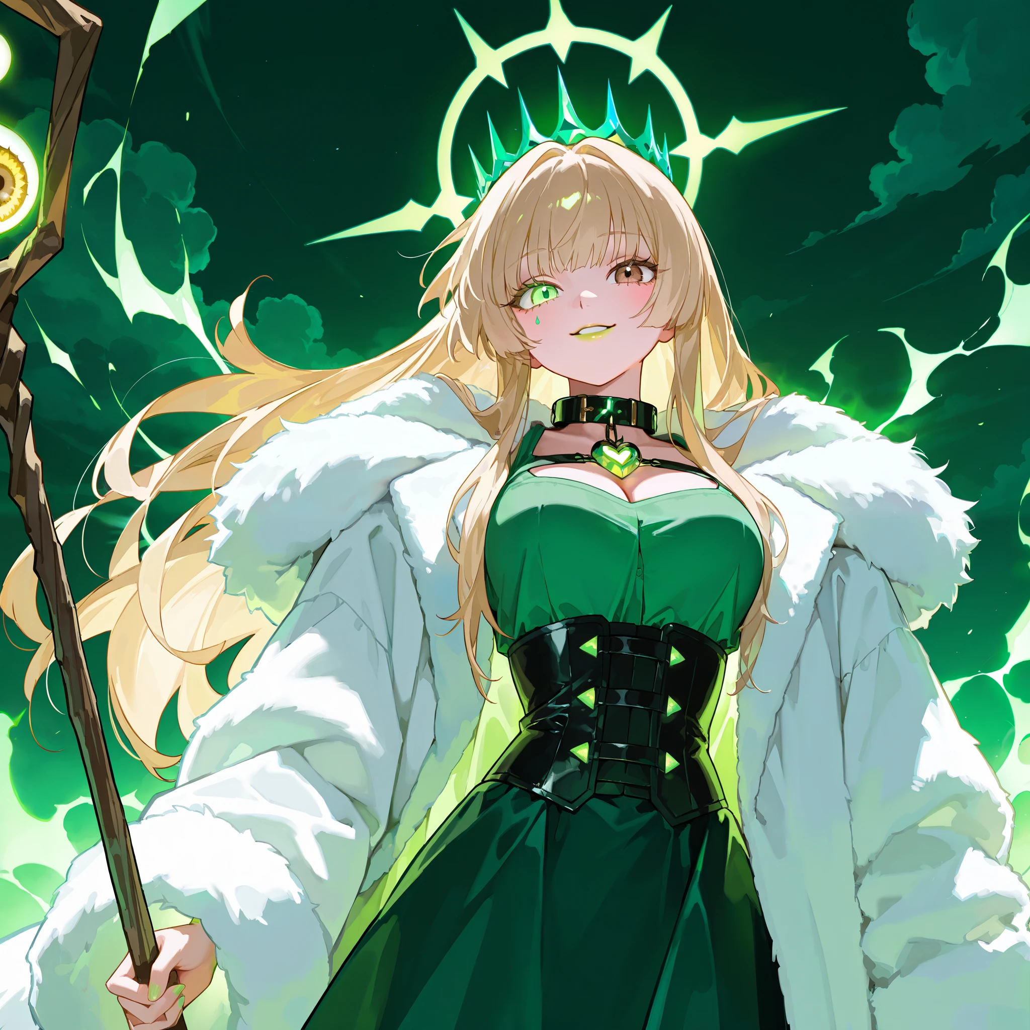 girl with light golden long hair, fluttering in the wind , half of the hair is white , very big eyes, amazingly wide-open eyes, ((heterochromia: One Brown Eye, the second eye is blue )), Glass retina, green shirt, a corset, collar, a white fur coat with, big plump lips, slightly ajar , looks at the viewer, rosy cheeks, turn red , smile, embarrassment and happiness, shine, bottom view, best quality, Glass retina, on a dark green background , clouds, sky, green aura , green halo crown of glowing green drops hanging above me, Radiance all around, Bright green light, thin and elegant , shows her heart with her fingers, in profile , bottom view, holding a wooden staff with a green stone, magic staff with green stone