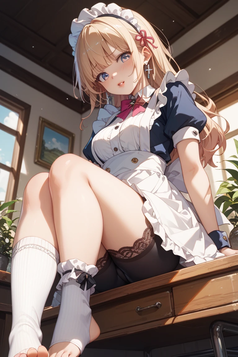 (official art、highest quality、Unity 8k wallpaper、32K、masterpiece、super detailed、超high resolution、realistic、Photoreal:1.2)、(cinematic lighting:1.2)、fire glow effect、film grain、best shadows、rim lighting、side light、(Super detailed and complex 3D rendering)、Background like Makoto Shinkai、very beautiful background、detailed beautiful face and eyes、(Beautiful and sharp pupils)、masterpiece, high resolution、highest quality, ultla highres, maximum resolution, very detailed, professional lighting, beautiful skin, 28 year old woman、very pretty、((Cafe、cafe、waitress、maid、maid服、maidの服装、maid服のスカート))、((((Spread your legs wide、Showing off her half-taken transparent side tie panties))))、bright hair color、blonde、neat bangs、bangs、dull bangs、(((((sexual excitement、orgasm、blush)))))、((((super low angle、Zoom in on the transparent side tie panties))))、((((Side tie panties stained with love juice、Sweat))))