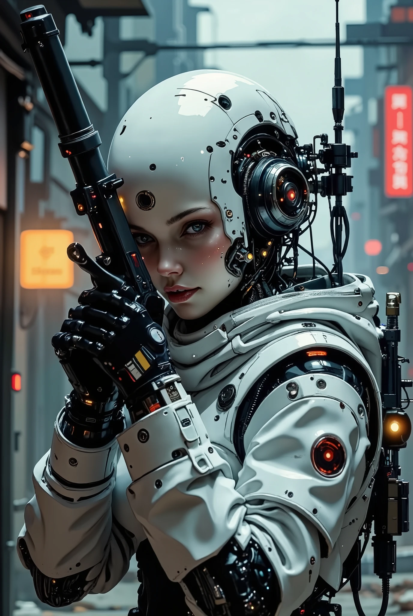 KNS-style digital artwork, CK-NCR style, high-quality cyborg combat robot- a female sniper shooting from a combat blaster, from around a corner, looking through an optical sight, mechanical cyber eyes, a blaster aimed at the viewer, white ceramic material, body and head in the same style, traces of bullets and blows on the body, scratches and chips, dimly lit cyberpunk corridor, neo, atmosphere of danger, alarms, clouds of smoke, destroyed infrastructure, side view, low angle, diagonal shooting angle, accent artificial light from above and behind, cinematic frame, 64k quality, highest detail, super realistic
