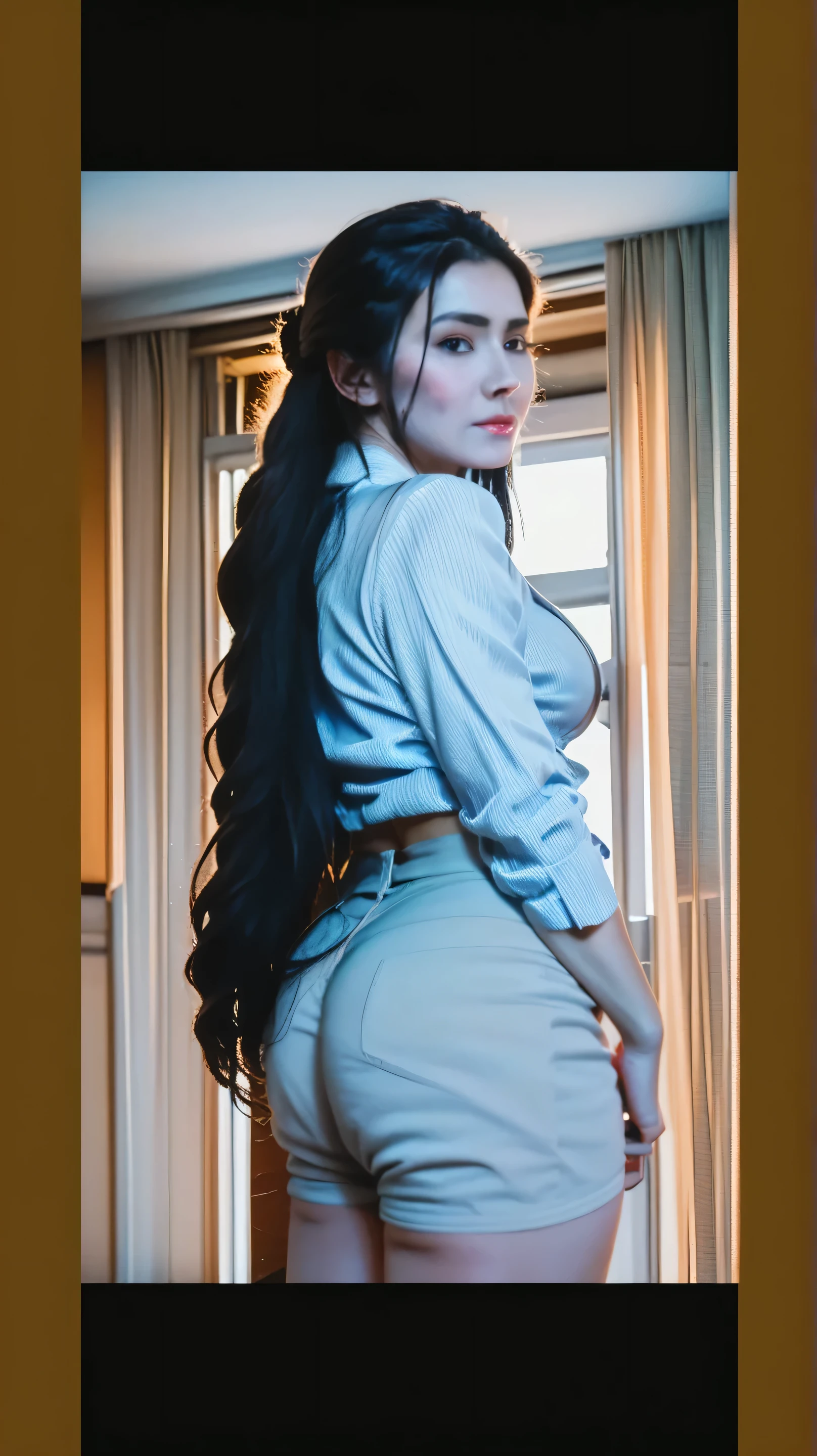 (masterpiece, best quality , high resolution:1.2), (photo realistic:1.2), (intricate and beautiful:1.2) , detailed light, bright light, (colorful and dynamic angle), upper body shot, fashion photography, 1 girl, acmm ls outfit, wearing acmm top, blue acmm top, long sleeves, wearing acmm long skirt, blue acmm long skirt, printed skirt, posing for photo, long straight hair, teasing look, gazing with a playful and teasing expression, igniting curiosity and attraction, attractive, outdoors, scenery, traditional media, sky, day, photo background, real world location, architecture, nature, ruins, landscape, bagan ancient pagoda background,
emphasize round ass,produding round ass,
cowboy shooting,