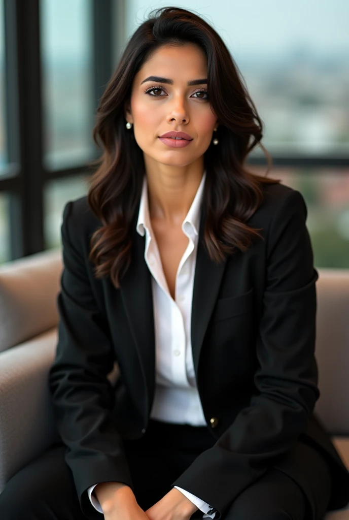 1girl. Tan skin, freckles on nose, freckles on cheeks, dark brown hair, wavy hair, pregnant, business clothing, sitting at desk, full body, wide angle,