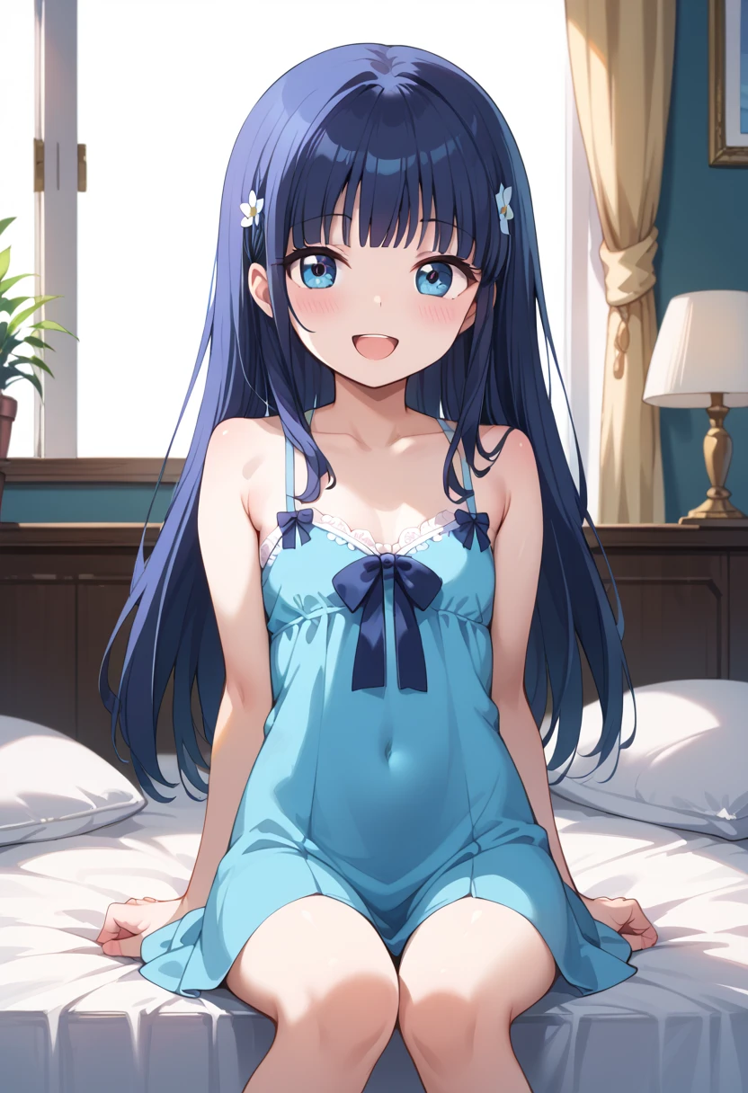 ((top quality)), ((masterpiece)), (be familiar with), perfect face, indoor, bedroom, viewers,
One woman, Shiba Miyuki,
open mouth, with an ecstatic expression, blushes, smile,
 small , flat chest, Young girl,  lori,  ,  girl,
long hair, long hair per person,
 open,