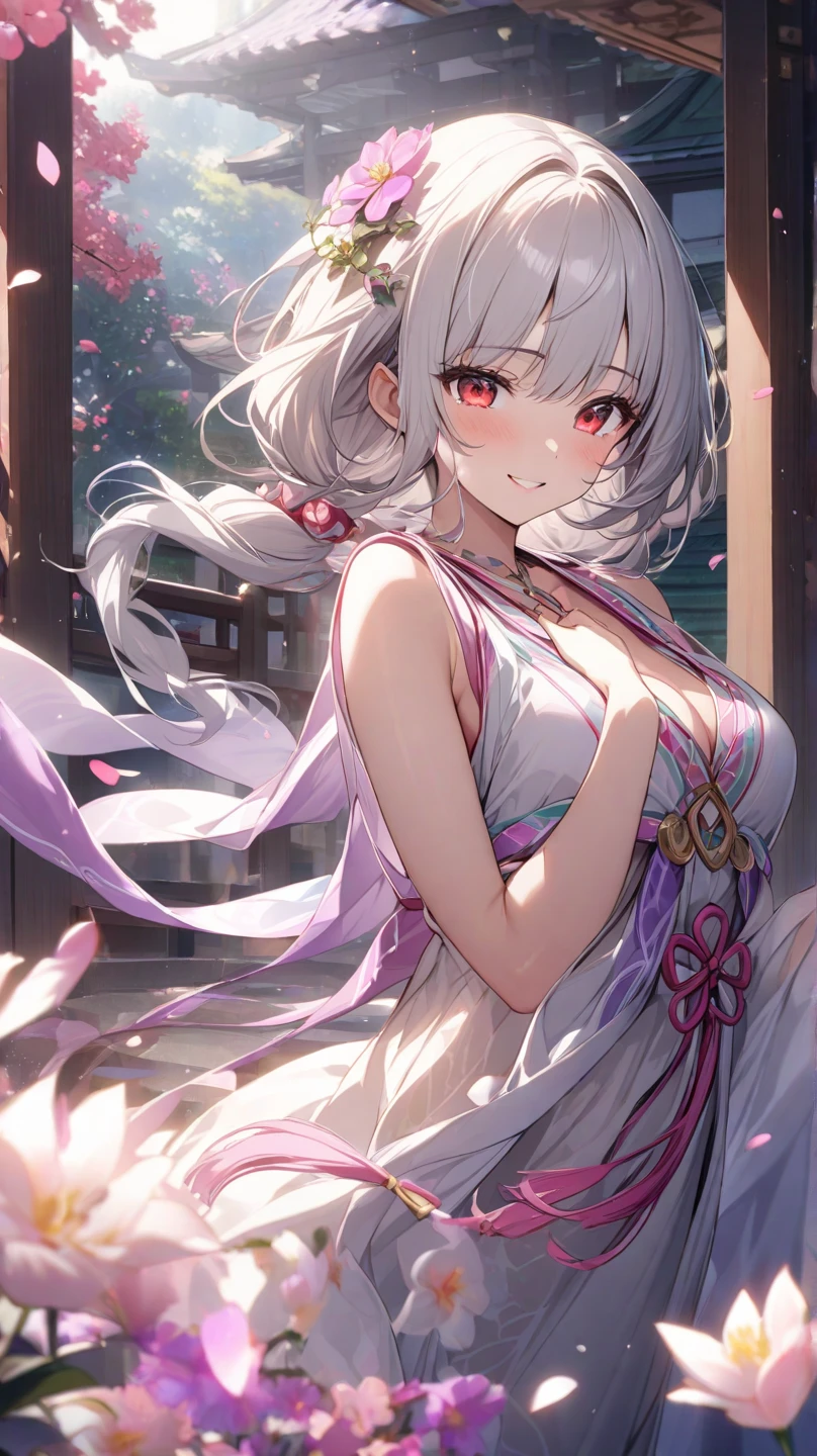 (Highest quality:1.4), High resolution, masterpiece, Detailed, One beautiful woman, Light purple hair, Purple eyes, Beautifully detailed face, Beautiful attention to detail, Mid-chest, Naked thin thighs,, hair ornaments, (red|White Japanese shrine maiden outfit), red面,, lanthanum, shrine,, Detailed face,