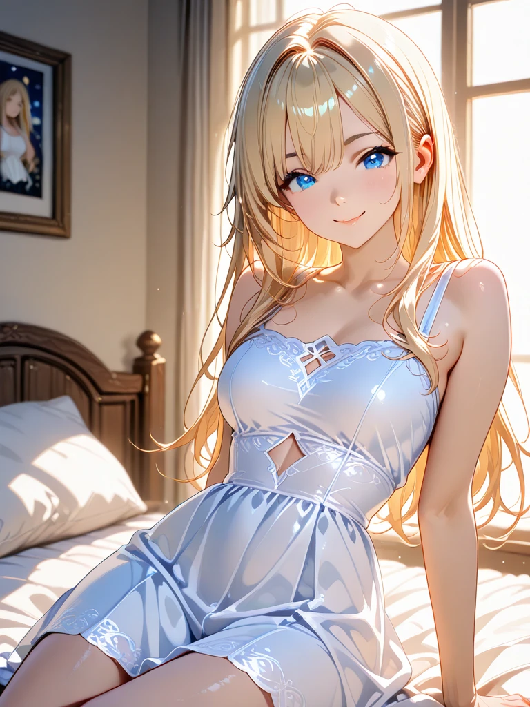 in 8K、top-quality、​masterpiece、ultra-detailliert、Ultra-high resolution、((1 persons))、girl with、a blond、Twin-tailed、Medium chest、(((on the beds)))、Camisole-wearing、((bare shoulders​))、No shoulder straps