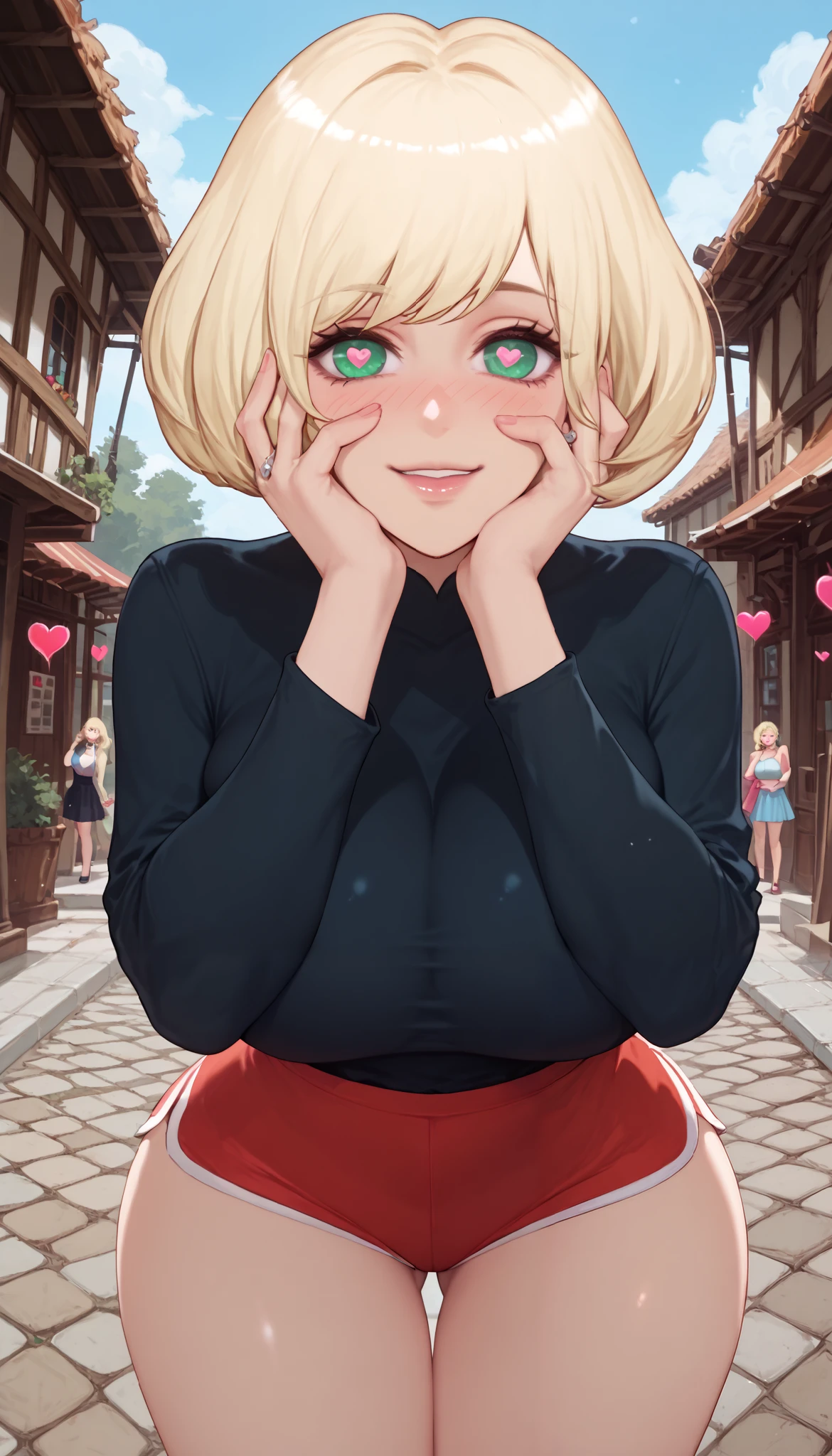 score_9,score_8_up,score_7_up,score_6_up,score_5_up,alienquestellen,short hair,blonde hair,curvy,huge breasts,bubble butt,ass visible through thighs,outdoors, smile closed mouth ring earring large breasts huge breasts from , green eyes , ellen alien quest eve ,,,,, hands on own face, crazy eyes, hands on own cheeks, heart-shaped pupils, hand on own face, open mouth, crazy smile, yandere, yandere trance, symbol-shaped pupils, glowing, looking at viewer, glowing eyes, blush, crazy