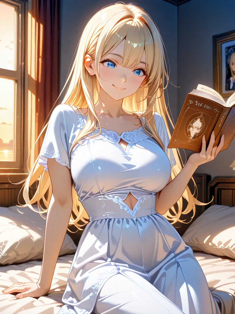 Tabletop, highest quality,figure, wallpaper, Super detailed, Absurd beauty、((1 beautiful girl、16 years old))、(Blonde、Long Hair、Braided hair、Wavy Hair、profile、sitting on the sofa reading a book、Focus on books、Ample breasts、Showing cleavage)、My Room、Casual attire、Summer clothes、Loungewear、evening、Backlight