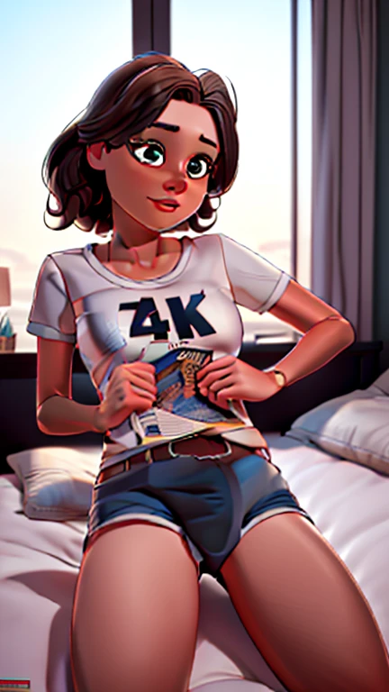 Laying on bed hand on hips reading a magazine (best quality,4k,8k,highres,masterpiece:1.2),ultra-detailed,(realistic,photorealistic,photo-realistic:1.37), big penis in shorts protrudes, 1girl, beautiful detailed eyes, beautiful detailed lips, extremely detailed penis and balls, long eyelashes, small breasts,