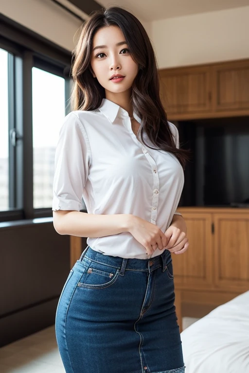 mini skirt、Tuck your shirt into your skirt、Thighs、Sit on a chair、Big Breasts、Tight Skirt、front、Spread your legs、spats、Denim skirt