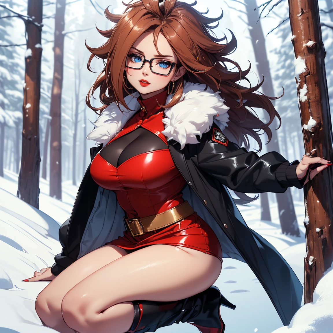 red hairs、hime-cut、poneyTail、Golden Eyes、eye glasses、ssmile、Ten-year-old girl、I can see very small breasts、Thin pubic hair、open thin coat、snow mountains、low angles、Opening legs、full body seen