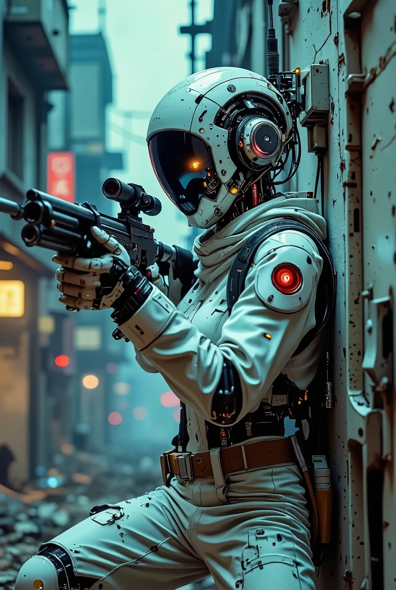 KNS-style digital artwork, CK-NCR style, high-quality cyborg combat robot- a female sniper shooting from a combat blaster, from around a corner, looking through an optical sight, mechanical cyber eyes, a blaster aimed at the viewer, white ceramic material, body and head in the same style, traces of bullets and blows on the body, scratches and chips, dimly lit cyberpunk corridor, neo, atmosphere of danger, alarms, clouds of smoke, destroyed infrastructure, side view, low angle, diagonal shooting angle, accent artificial light from above and behind, cinematic frame, 64k quality, highest detail, super realistic