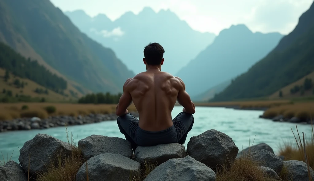 create realistic image of a man meditating practicing yoga from the back watching the sunset