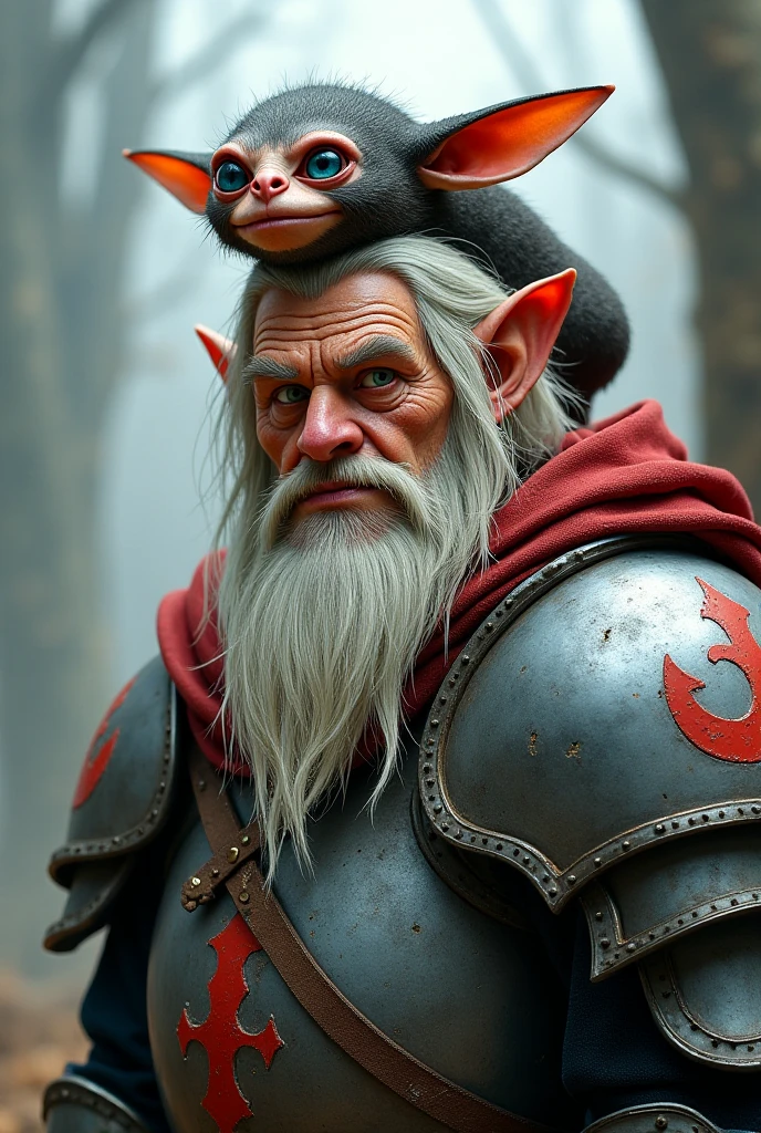 Hobbit monk, Viking style hair and beard, colorful monk's clothing, collar around the neck with several symbols representing deities. White bandage on the hands that hides an esoteric tattoo