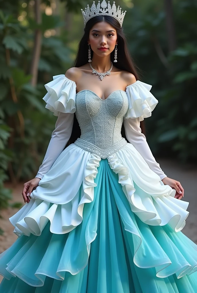 Cinderella eagerly put on the beautiful silver ballgown, slipped on the delicate, long, white gloves and the shimmering silver stilettos, and placed the sparkling tiara atop her immaculate updo. She also adorned herself with the beautiful jewelry. Once she was fully dressed, Cinderella took a deep breath and dove into the mud with abandon. She rolled around in the thick mud, feeling it squish and squelch against her skin and soak into her gown. Now covered in mud, her gown stained and ruined, Cinderella lay back in the puddle, a happy smile on her face.