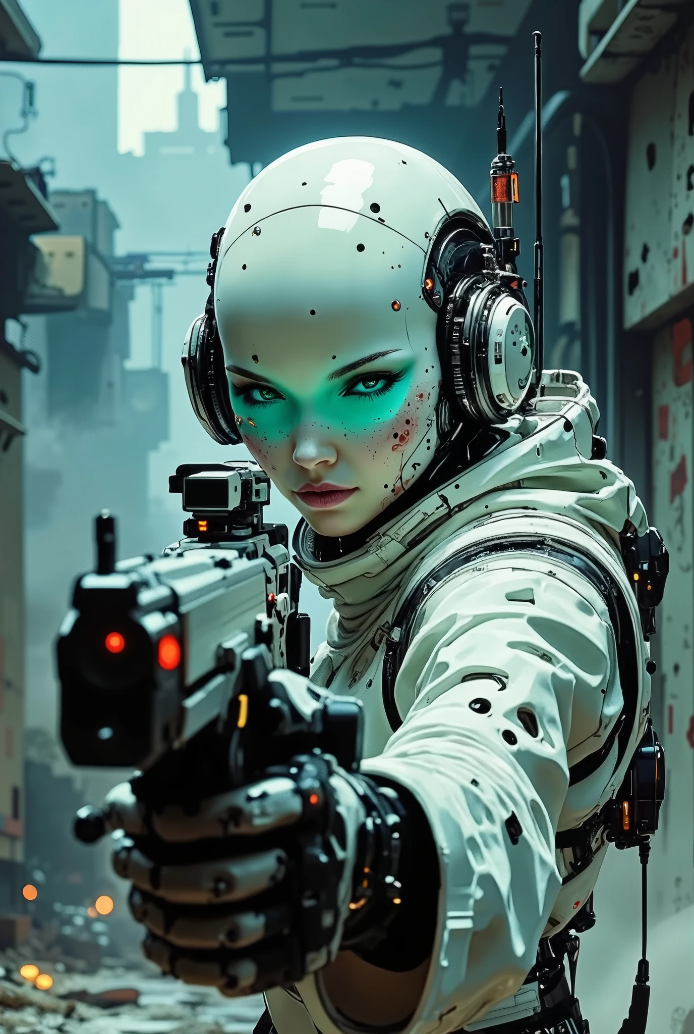 KNS-style digital artwork, CK-NCR style, high-quality cyborg combat robot- a female sniper shooting from a combat blaster from around the corner of a dilapidated building, looking through an optical sight, mechanical turquoise transparent cyber eyes, a blaster aimed at the viewer, white ceramic material, body and head in the same style, traces of bullets and blows on the body, scratches and chips, dimly lit cyberpunk corridor, neo, atmosphere of danger, anxiety, clouds of smoke, destroyed infrastructure, side view, low angle, diagonal shooting angle, accent artificial light from above and behind, cinematic frame, 64k quality, highest detail, super realistic
