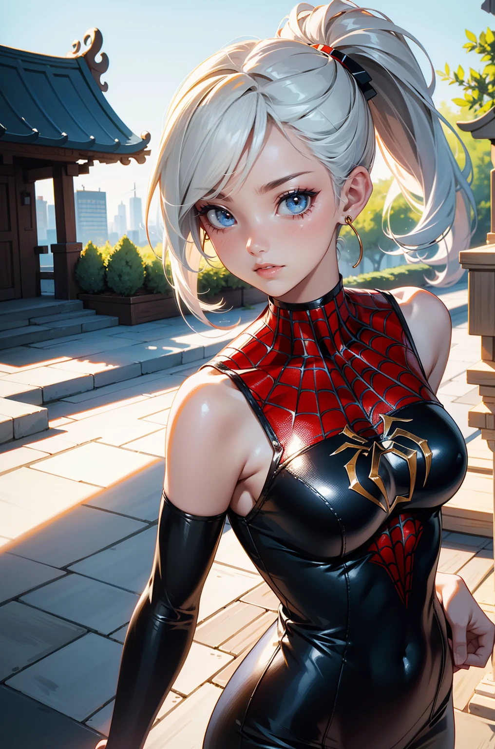 (masterpiece:1.4), (8K, realistic, Raw photo, highest quality: 1.4), Japanese, (1 girl), beautiful face, (realistic face:1.4), (gray hair, long hair in a ponytail:1.3), beautiful hairstyle, beautiful and detailed eyes, (Best ratio eyes:1.5), charm, ultra high resolution, 超realistic, very detailed, Best ratio, (detailed face:1.4), looking at the viewer, red lipstick, (Best ratio fingers:1.5), (White Superhero Theme, charismatic, There&#39;Girl on the street, 透明なランジェリーwearing spiderman costume, she is a superhero), [ ((25 years), whole body, (realistic blue eyes:1.2), ((Spider-Man pose), show of strength, jump from one building to another), ((Sandy urban environment):0.8)| (cityscape, At night, dynamic light), (full moon))] # explanation: プロンプトでは主にultra high resolutionの4K絵画についてexplanationします, very realistic, very detailed. It depicts a superheroine at the top of the city....., wearing spiderman costume. 絵のテーマはWhite Superhero Themeです, the female protagonist has long gray hair, is 25 years old and her entire body is shown in the painting. In terms of depicting the activities of a superheroine,,,,,, spider is hired, (No bra:1.4), perky_nipple, ((exposed_nipple, exposed breasts, Highly proportional and realistic chest, Realistic medium breasts):1.3), (closed mouth:1.4), (camel_after that_pussy:1.3), 。.。.this_pussy,