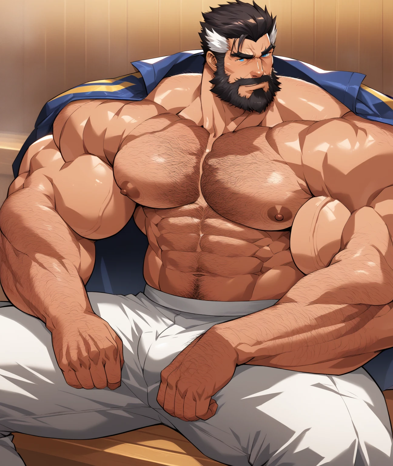 Shirtless and wearing white pants、A full-body image of a 35-year-old Japanese, topless, skinny physique athlete with a shaved head and moustache, wearing a black belt, kneeling in front of the dojo in a dimly lit area with his hands behind his back and a stern look on his face.