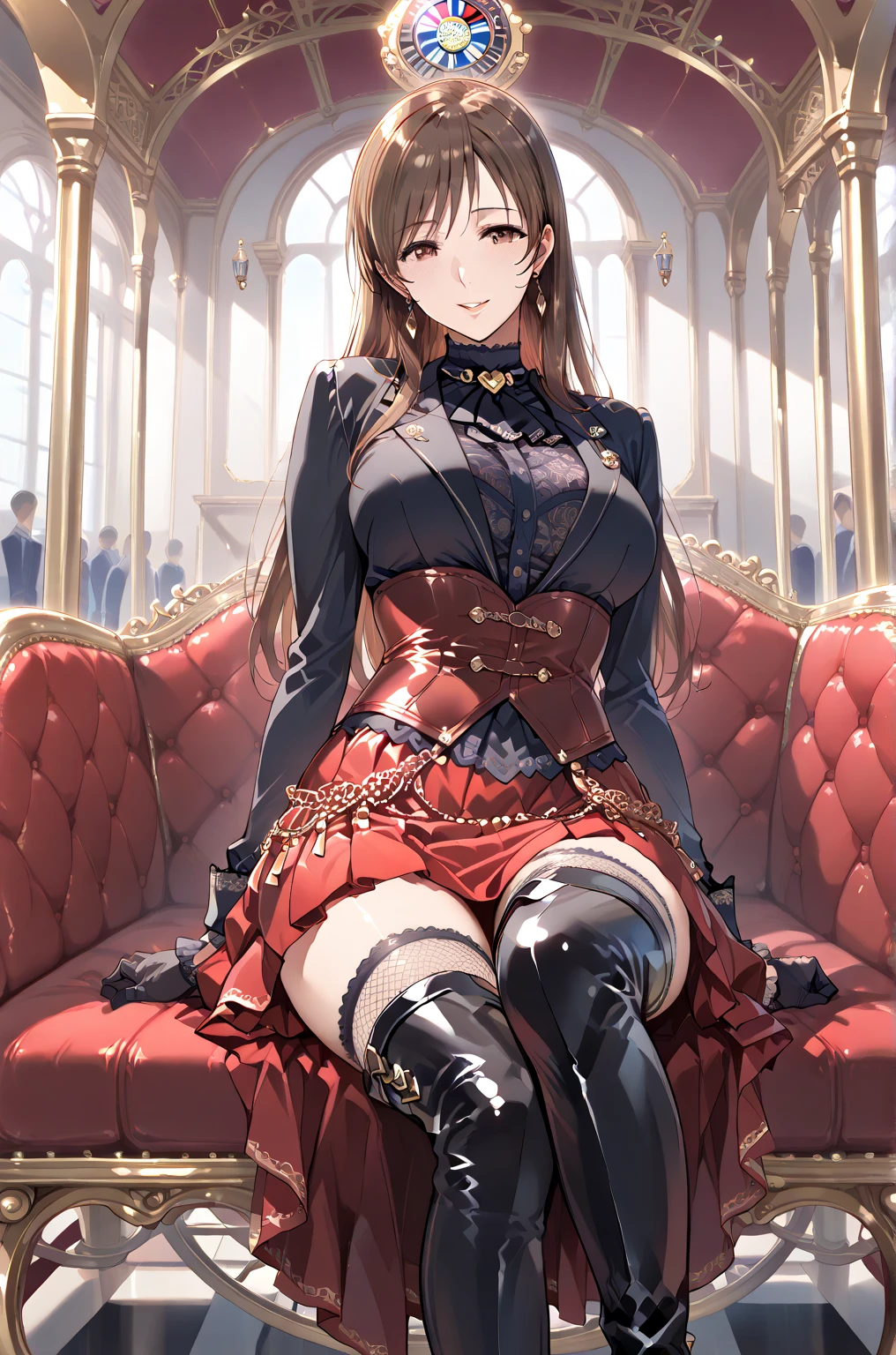 In a large mansion, in a steampunk world, in a sunset, sitting in a chair crossing her legs, nostalgic, looking at the horizon, a beautiful 18 year old woman, /(White skin, extremely long light brown hair combed in a ponytail, locks over left eye, brown eyes,), /(Hourglass body, medium hips, medium waist, shapely legs, large chest, small hands, slender fingers, Greek nose, almond-shaped eyes,), (Victorian style clothing: black blouse, corset covering entire torso fastened with threads, short skirt with gray pleats and back pigtail, knee-high stockings, black knee-high boots, bow on head, rings on fingers, necklace, bracelets on wrists,),