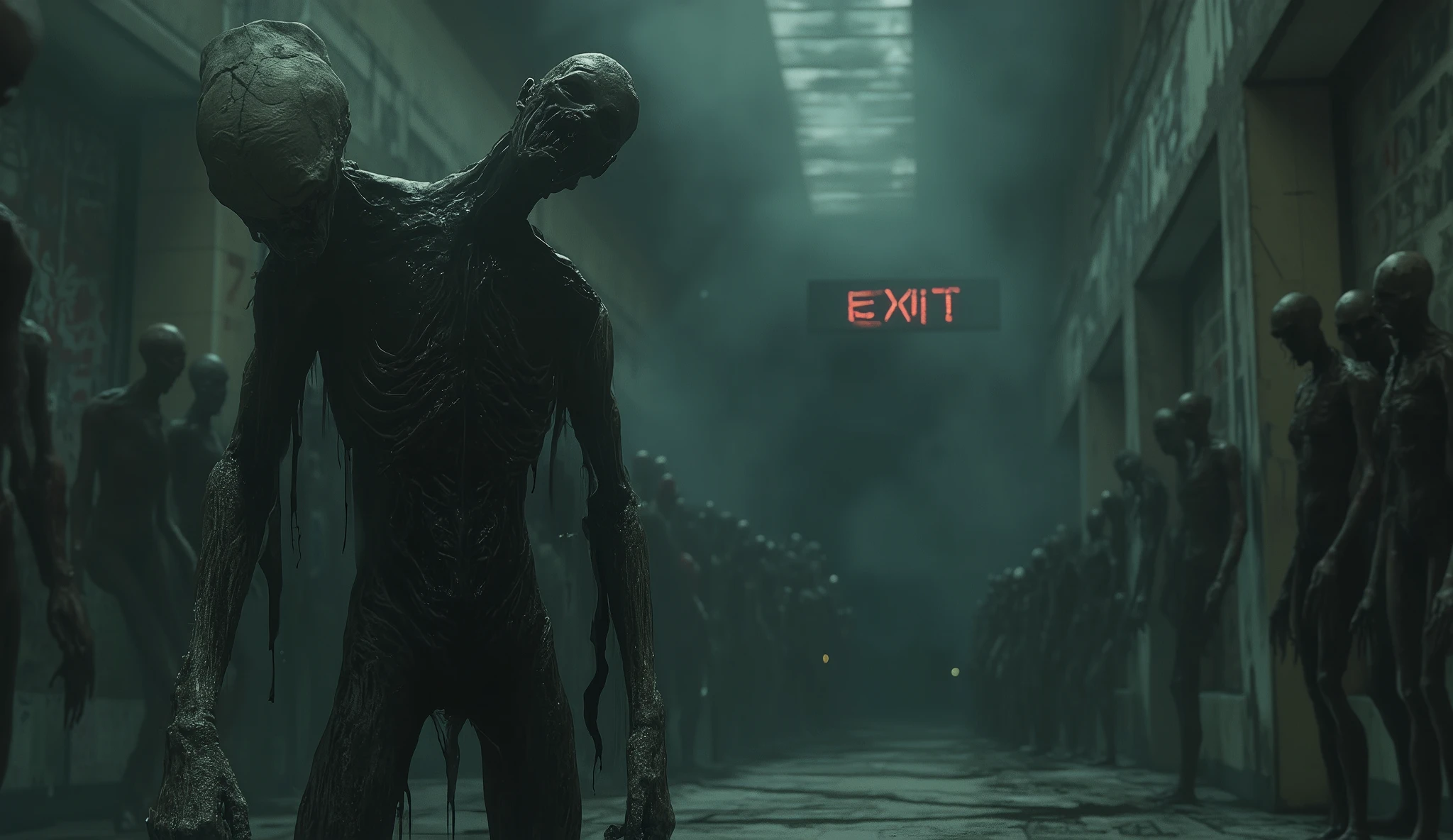 A horrifying, abandoned shopping mall at midnight, filled with thick, swirling fog. The walls are cracked, covered in eerie graffiti, and the broken tile floor is littered with debris. The overhead lights flicker erratically, casting unnatural shadows. In the foreground, a monstrous, faceless mannequin stands—its featureless head covered in deep, jagged cracks, as if something is trying to break free from inside. Black, tar-like substance oozes from the cracks, dripping down its body. Its twisted, elongated fingers stretch unnaturally toward the viewer. Surrounding it, dozens of mannequins stand in grotesque poses—some missing limbs, others with mouths stitched shut, hollow eye sockets leaking dark liquid. Some are crawling, reaching out as if alive. In the background, a massive, dark corridor looms, disappearing into an abyss of shadows. A blood-red 'EXIT' sign flickers, but the way out seems impossibly distant. The air is heavy with dust and the stench of decay, and faint, ghostly whispers echo through the empty halls. The entire atmosphere is suffocating, as if an unseen, malevolent force is watching, waiting… ready to strike.