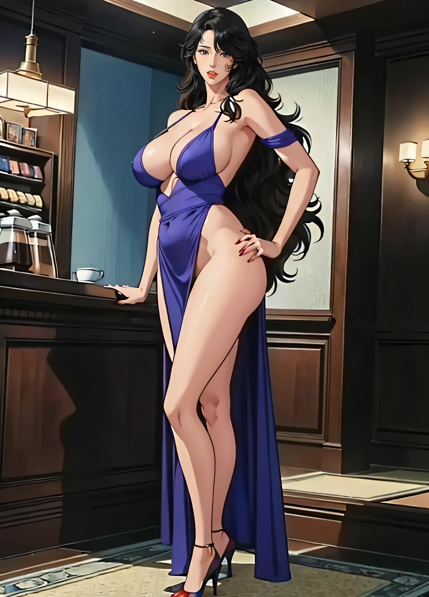 girl，alone，Gray background，Artistic lighting，Beautiful Asian Goddess，Long black hair，Long Hair,Wavy Hair,eyelash, blue eyes, lipstick, wearing a short evening dress,Standing with legs apart,He is touching his crotch with his own hands.,Rubbing your chest, Tied up woman,Sensual,(Hair blowing in the wind),Graceful features，No sleeve，Mature Woman, Mature Woman,Detailed fingers, Perfect hands, Length 180cm,Small face,sweating,Soft thighs,Sexy legs,Sexy ass, Cleavage,Open the chest,Smooth thighs and legs，((Amazing orgasm)),大きなSexy ass, Perfect Body Proportions, Slim waist,Nipples visible,The areola is protruding,Tight waist,(Long legs:1.4),F cup bust,Thighs open,Huge :1.3，perspective:1.2，Looking at the audience，Character-centric，symmetry diagram，whole body:1.5，From below:1.3，Abdominal shot