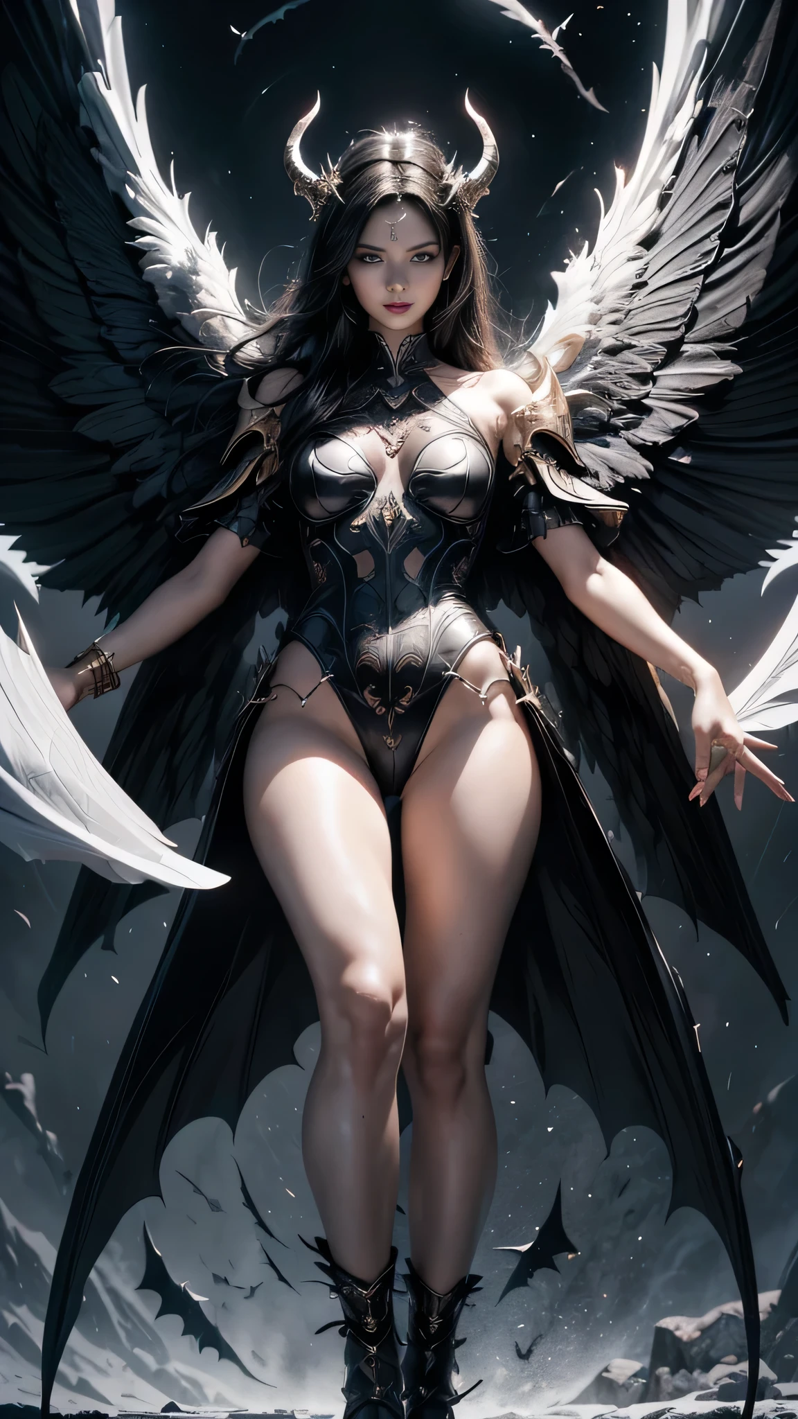 ((She has 12 wings on her back:1.5), (6 white wings:1.5) and (6 black wings:1.5)), (Realistic picture, highest resolution, 16K), ((She has 12 wings on her back.:1.5), (6 white wings:1.5) and (6 black wings:1.5)), (many wings, wings separated, 12 wings on her shoulders, เทพเจ้าที่มีปีกกว้างandมีพลังมหาศาลอยู่บนไหล่ของเขา, Add dynamic wings, 12 wings on the shoulders), (Beautiful girl with two meter long hair, striking long hair, Beauty that comes from long hair, long black hair), (Smooth white skin, Smooth white skin, Smooth white skin), (Lips are very red.,), ((stand, that is finished)), (Massive breast, Plump breasts, Massive breast, The breasts are soft and fluffy., Plump breastsอิ่ม, A gigantic rift, eye-catching breasts), (thin body, flat stomach, small waist, hips raised, small thighs, Long legs), (dynamic post), (Women who are 172 centimeters tall, perfect proportions, Anatomically correct, proportional anatomy), (full body, เหมือนfull body, See the whole body., Visible in every part of the body), (Porn, naked, exposed body, not wearing clothes, naked, naked, not wearing underwear, Hot striptease, see pussy, see tits, Look at that pussy., see breasts), (scene, ความdark, ในที่dark, deep shadow, dynamic light, art station, poster for, Volumetric illumination, Extraordinarily detailed face), (Float in the air), (((powerful wings, Mighty 12 wings, gigantic wings))), Take realistic photos, (background, dark, at night),