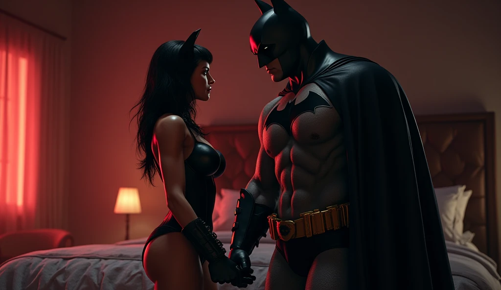 1 boy 1 girl, a muscular man in batman armor and mask, a curvy naked hourglass woman with wide hips and thick thighs and harley quinn hairstyle, couple engaged in doggystyle sex, 1 boy and 1 girl, the arkham streets at night, cinematic lighting, hyper detailed, 8k, photorealistic, dramatic lighting, moody atmosphere, gritty and dark, comic book style, rich colors, dynamic pose