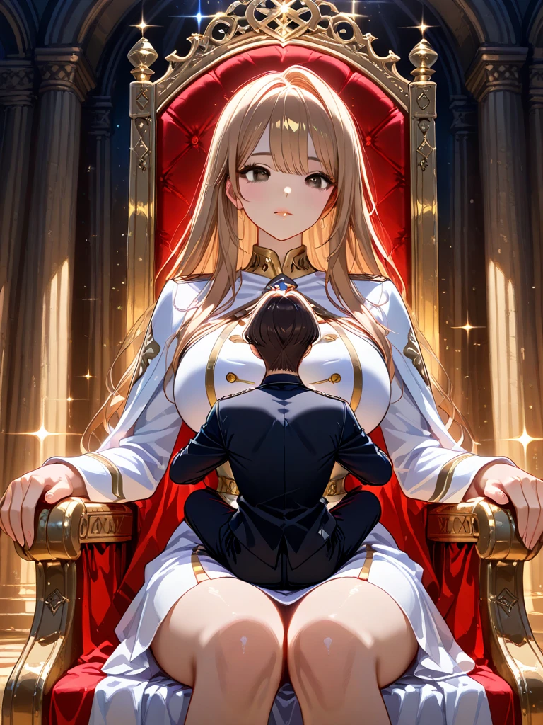 Highest quality、Ultra-high resolution、Fantasy、roleplaying game、A sexy, small breasted, blonde, long-haired woman sitting on a throne and wearing a crown、Audience Chamber