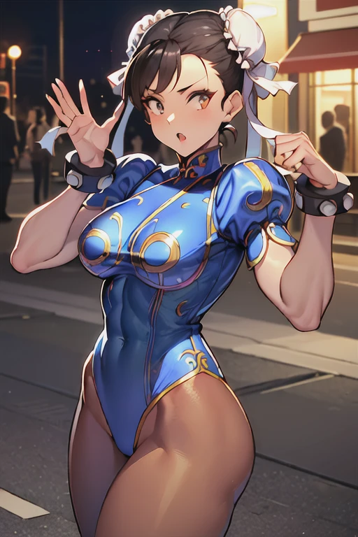 Chun-li, large  breasts, pink , standing, facing the viewer, high quality, perfect anatomy, beautiful face, decor blue curtain, covering a window, anime style