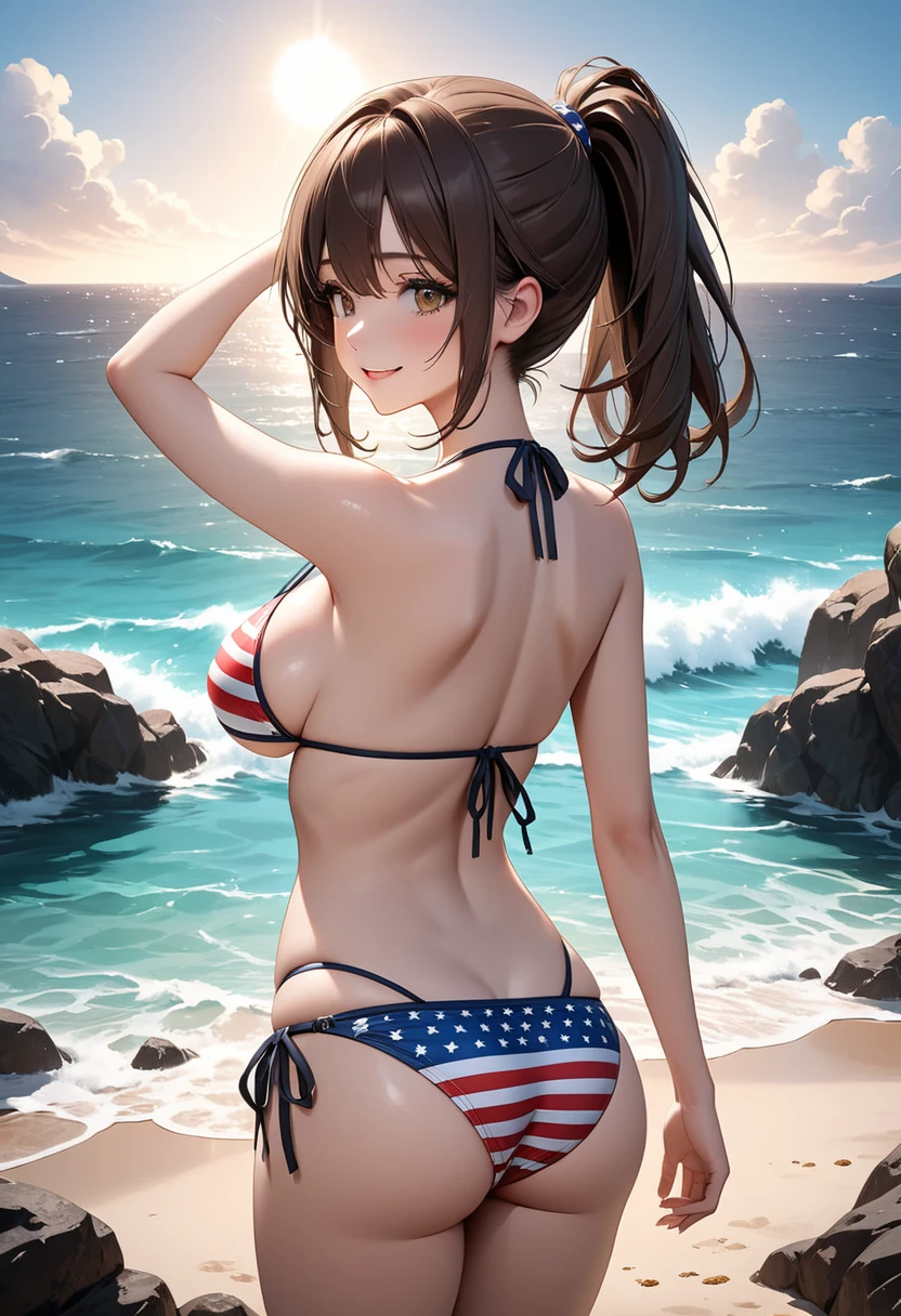 1girl,
american flag bikini, leaning forward,
masterpiece, best quality, highly detailed, brunette hair, wet hair, wet body,
