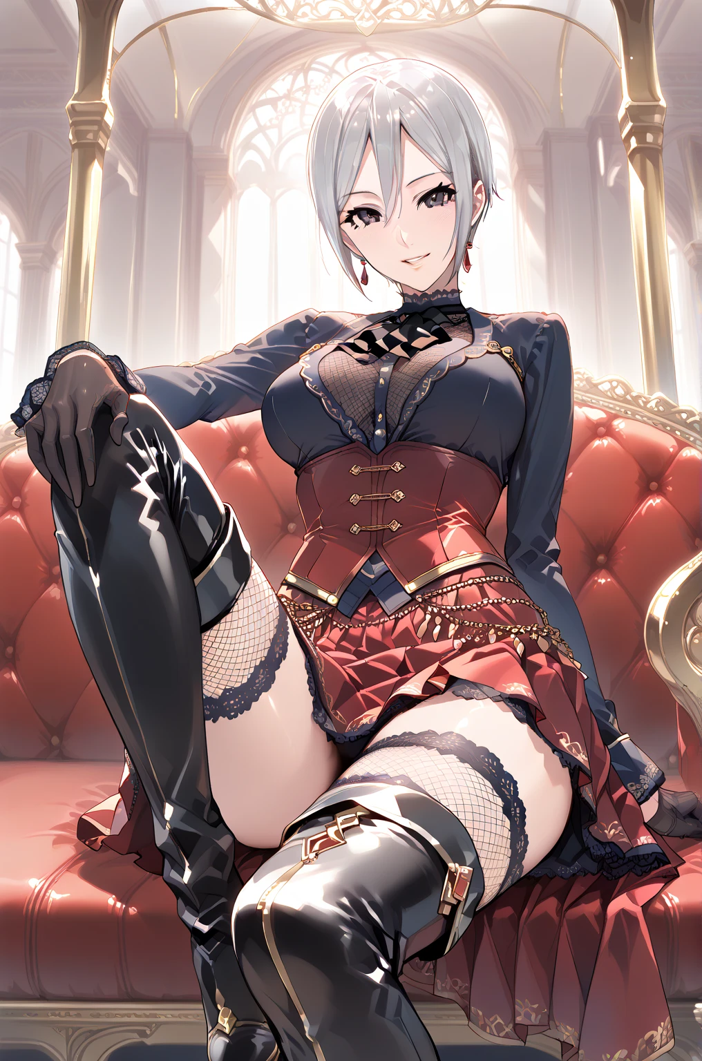 NSFW, ,best quality,cute girl, short silver hair, ,, ,High heel pumps,Wine Red Gothic ta(:1.3),, , garter straps,black thighhighs,Sit in a luxurious chair in a luxurious room in a castle , naughty face,
