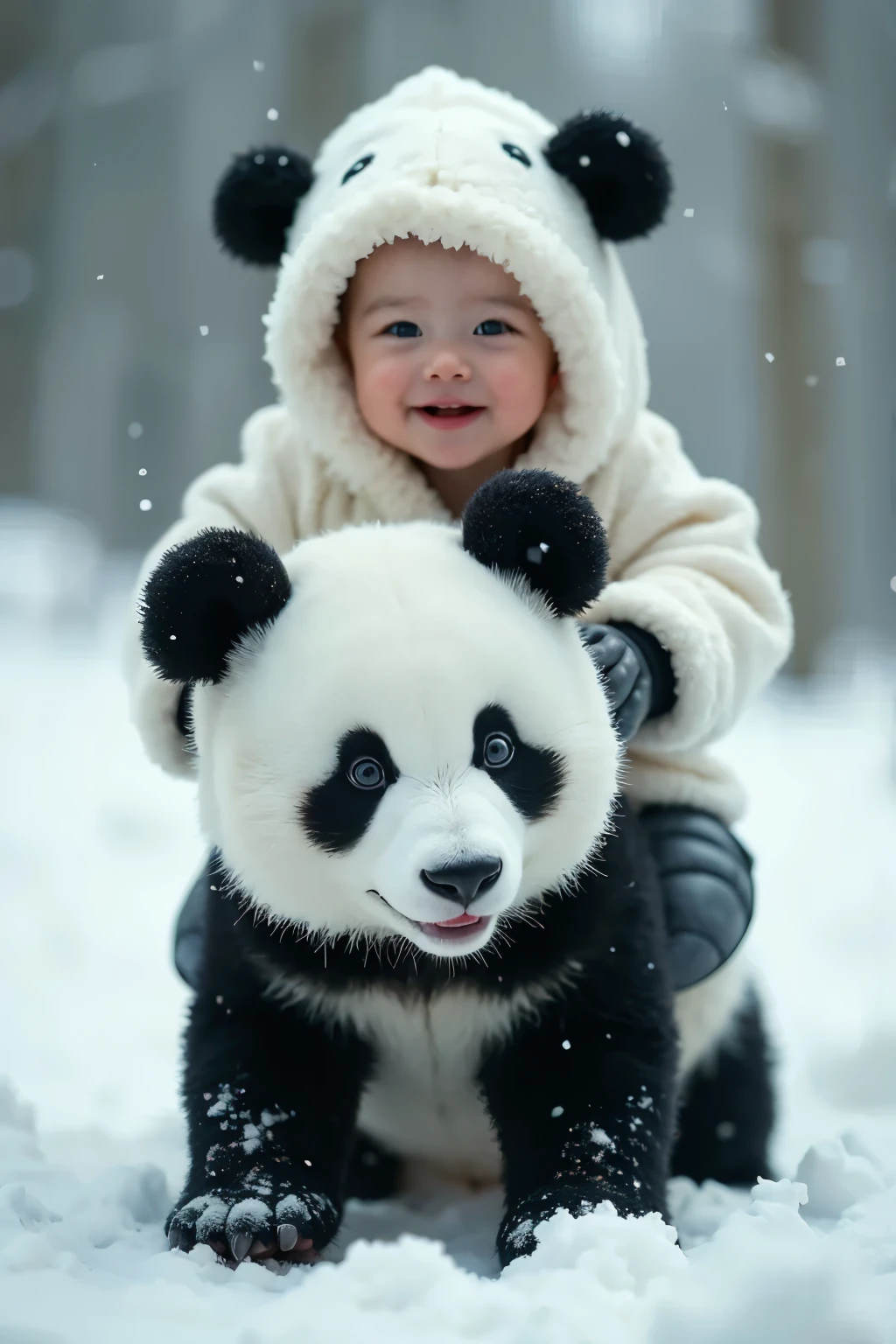A  sleeping with the panda and they smiling 