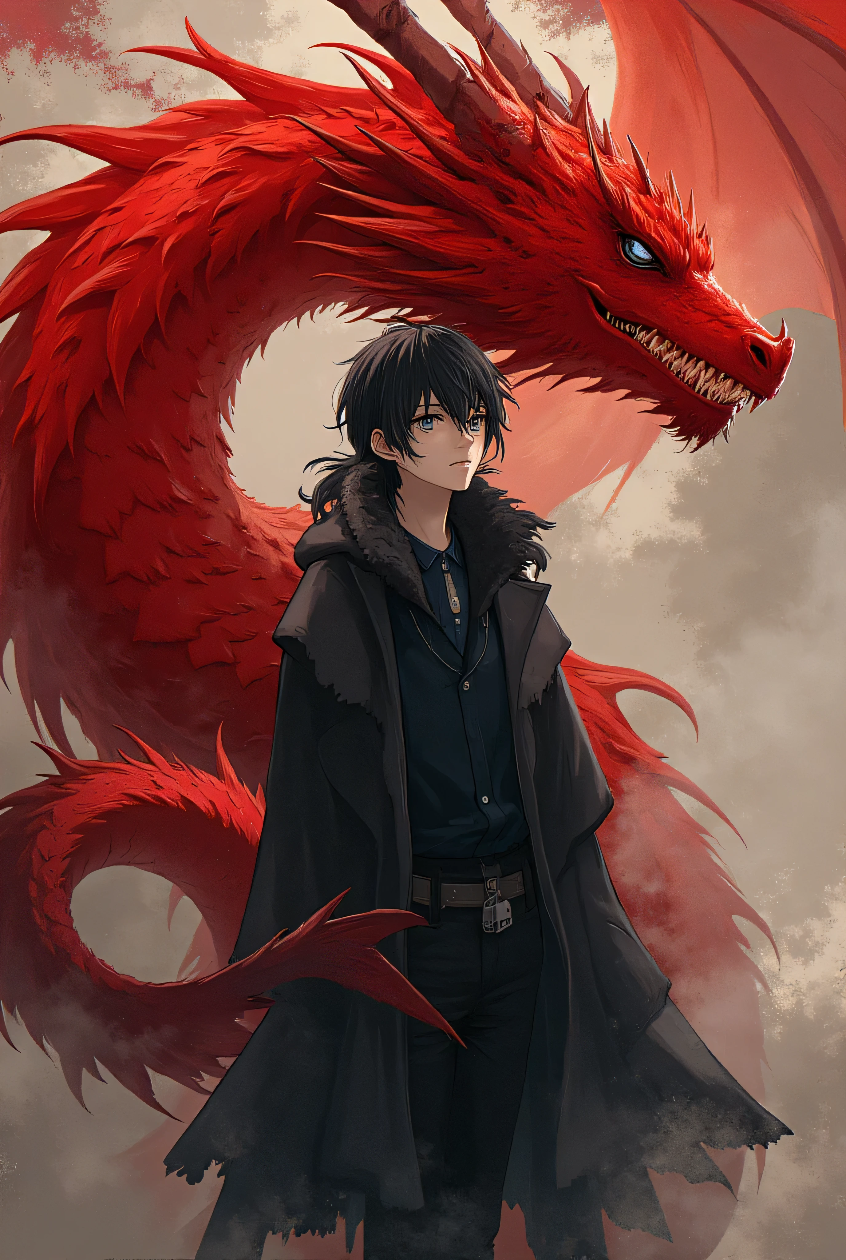 I need a novel cover,It's a person standing in the middle,The protagonist is standing in proportion 2/3,black hair with gray pupils,There is a red dragon in the background, and the proportion of the dragon is 2/3 is leaning halfway on the right,I only need my upper body,The lower body is blurry