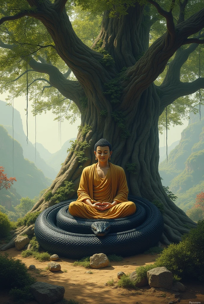 Muchalinda buddha under the big tree and it has a white color flowers and small rain 
