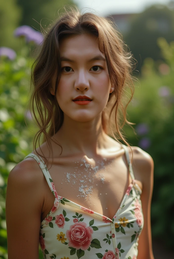 A girl is standing in the garden. There is lot of cum on her face.