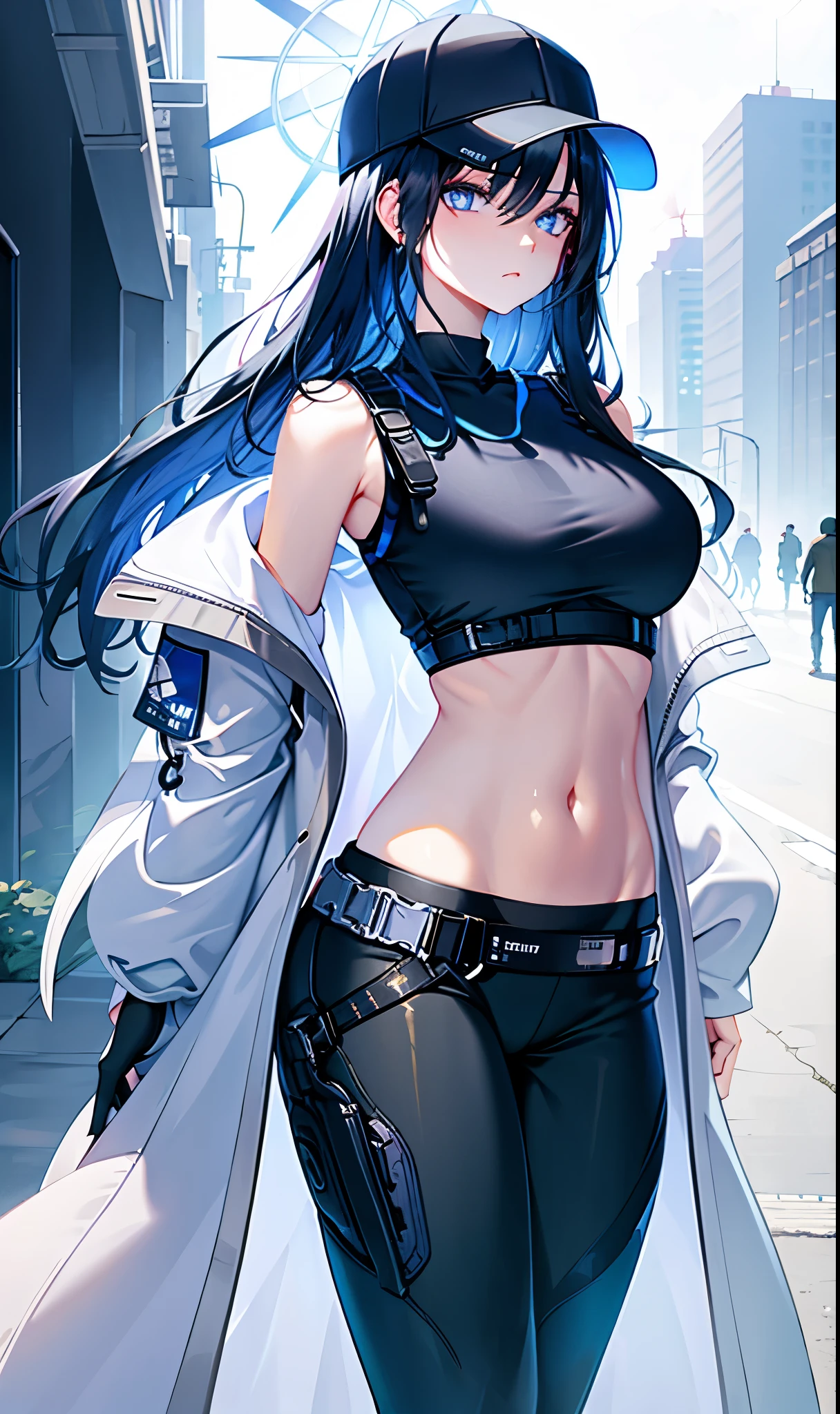saori, {best quality}, {masterpiece}, detailed, (illustration), 1girl, solo, long hair, navel, breasts, hat, blue eyes, pants, baseball cap, black headwear, black gloves, stomach, crop top, sleeveless, halo, large breasts, black shirt, black mask, black pants, black hair, cowboy shot, bangs, looking at viewer, sleeveless shirt, blue hair, holster, bare shoulders, standing, white background, underbust, expressionless, street, long navel, nice navel, ribs, coat, white coat, open clothes, open coat