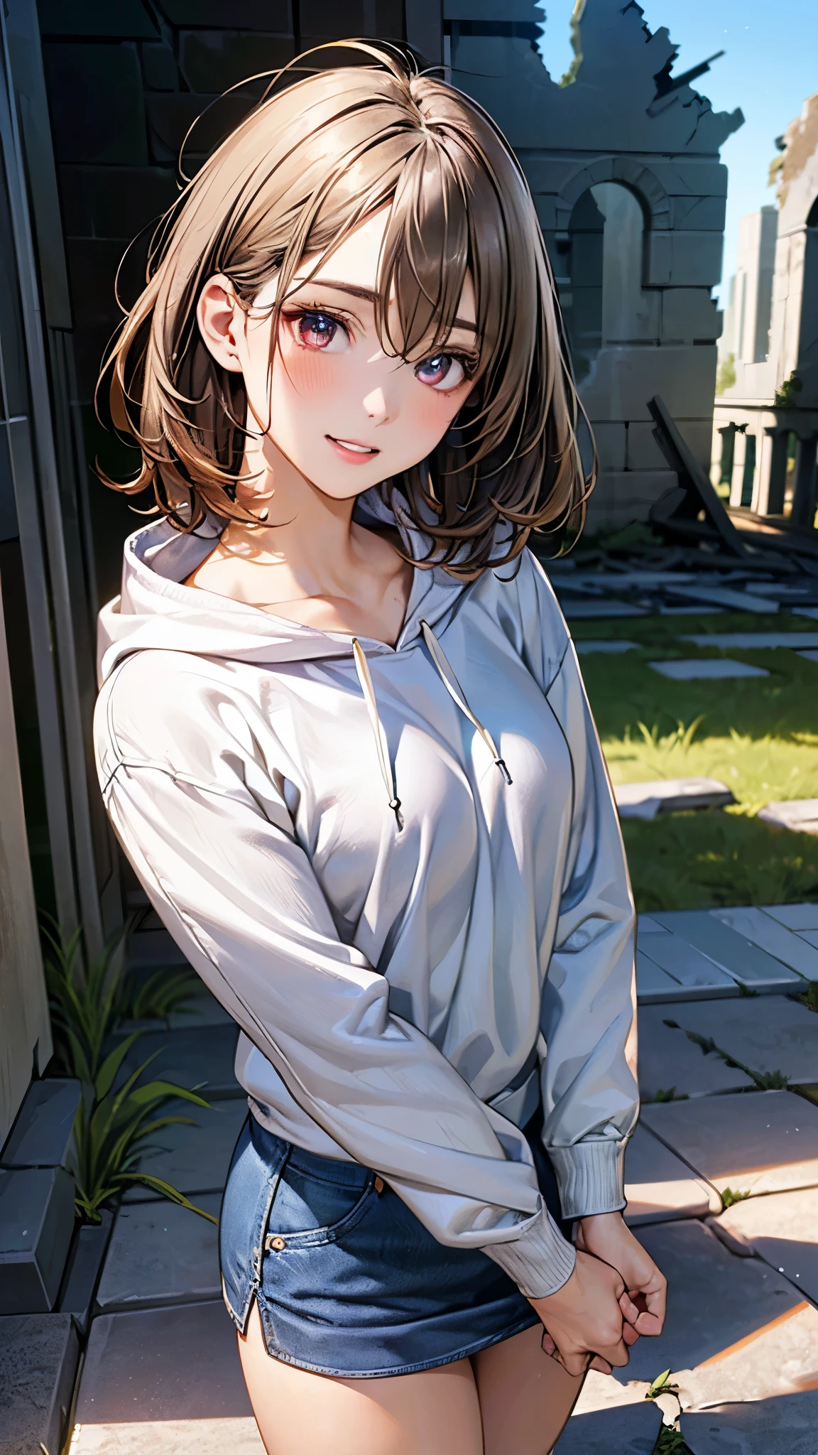 Anime girl in short shorts posing in front of a building - SeaArt AI