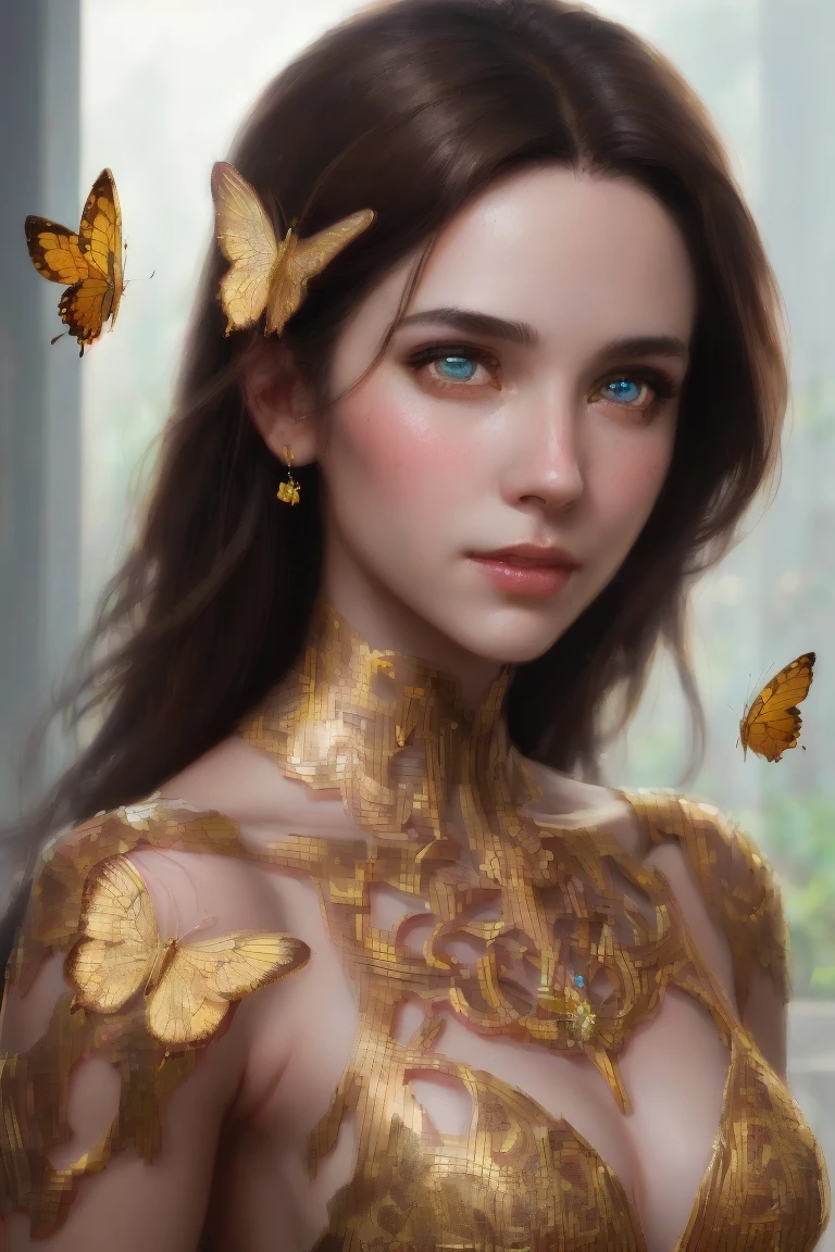 8k portrait of a beautiful brown haired cyborg, Complex, elegant, Very detailed, Majestic, Digital photography, ArtJam、Luan Jia、Surreal paintings by Greg Rutkowski、Golden butterfly filigree, Broken glass, (masterpiece, Side light, Beautiful, detailed eyes: 1.2), High resolution, (Detailed background windows take on a new dimension, plants and flowers:0.7) unlimited, unlimitedのシンボル,