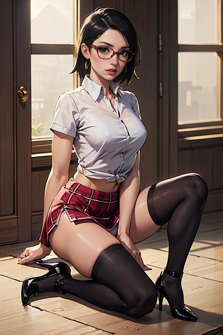 realisticlying，1girll，Bigchest，long leges，White hair，Purple eye，Super short black pleated skirt，White shirt，parted lip，Be red in the face，Get wet