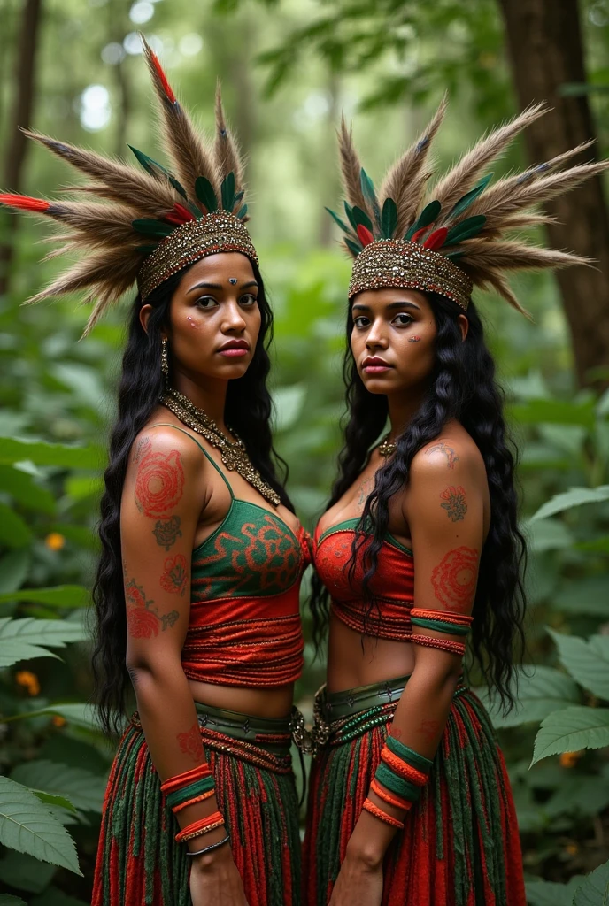 Colombian indigenous women, Posing. indigenous traits. with gold headdress and tribal paint on his face and body. and gold metal accessories and decorations with emeralds and precious stones. bow and arrows in his hands. in sacred lagoon. ritual . indigenous queen. full body. hyper realism. 8k. Photography, hyper realism. k. Photography (masterpiece, Super detail, High detail, Best Quality, 8k, night lighting