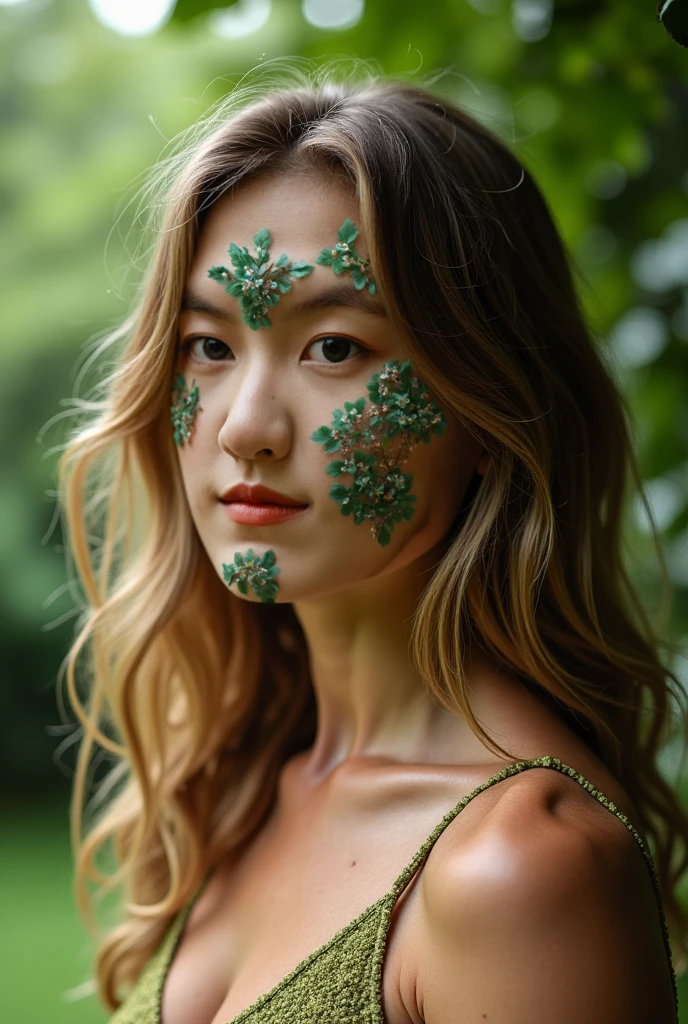 Nathalie Portmann, 25 ans, seductive look, sourire romantique, fine, brune, yeux verts, masterclass, 8K, UHD, HD, High quality, sexy, bodypainting, dans un atelier de peinture, tableaux, peinture partout sur le mur, motif de fleurs sur la peau, topless, bodypainting, motif de tableau impressionisme impressionisme, tableau impressioniste peint sur le corps, Pierre Bonnard