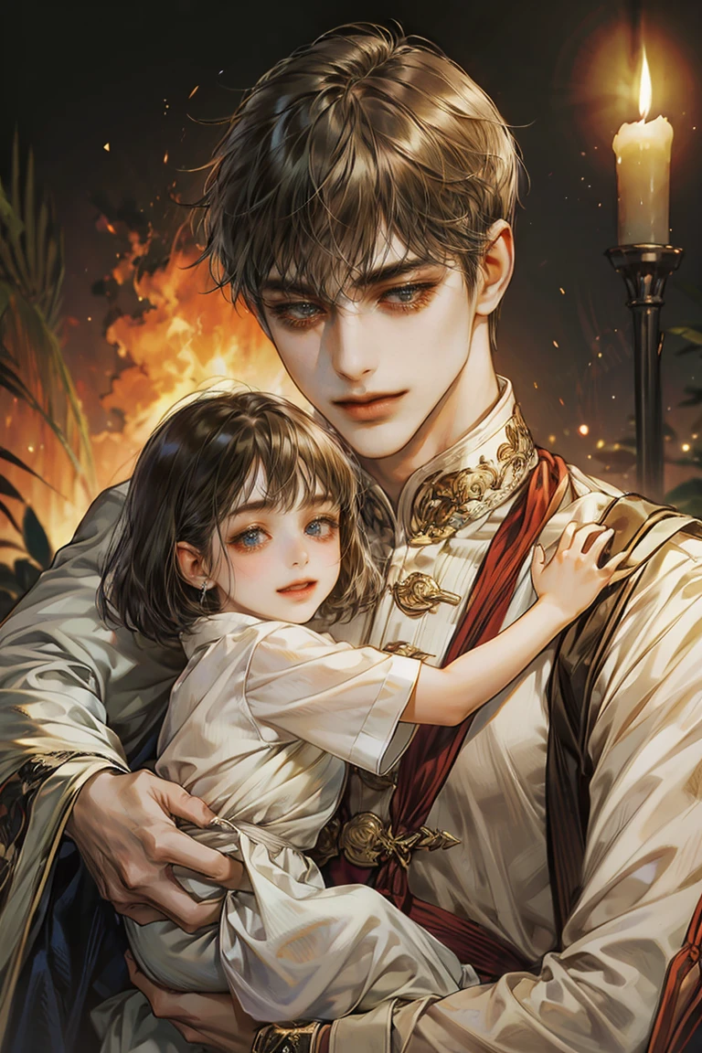Very delicate and beautiful, wonderful, In detail, masterpiece, Super detailed, High resolution,Best illustrations, Best Shadow,Complex,Sharp focus, high quality, A young father holds his young twin boys and girls in his arms tightly and warmly、Draw a scene filled with love and security.。My father is on his way home from work.、Children are innocent and carefree。In the background澄み切った青空が広がり、A view of a stylish modern mansion in Pula, Croatia in summer。The bright sunlight illuminates the house and the sparkling sea.。 In fact, this３０The father of the generation was the former Constantine１This is the world.、The boy-girl twins are formerly Crispus and Fausta。The whole scene、atonement、Forgiveness、Healing、Purification、And the theme of repairing relationships was emphasized.、It expresses the moment when family love and bonds deepen.。 The father&#39;s expression shows deep love and relief.、The twins have innocent smiles on their faces.。In the background、The beautiful sea of Croatia spreads out before you、The sparkle enhances happy family moments.。