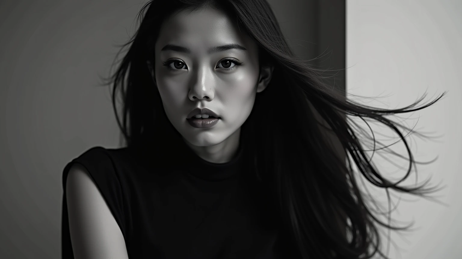 Meina Unreal wearing a knit sweater and shorts, sitting on her left side, her face is covered by her long silky hair, a sad environment, black and white, thin figure, pond, best quality masterpiece