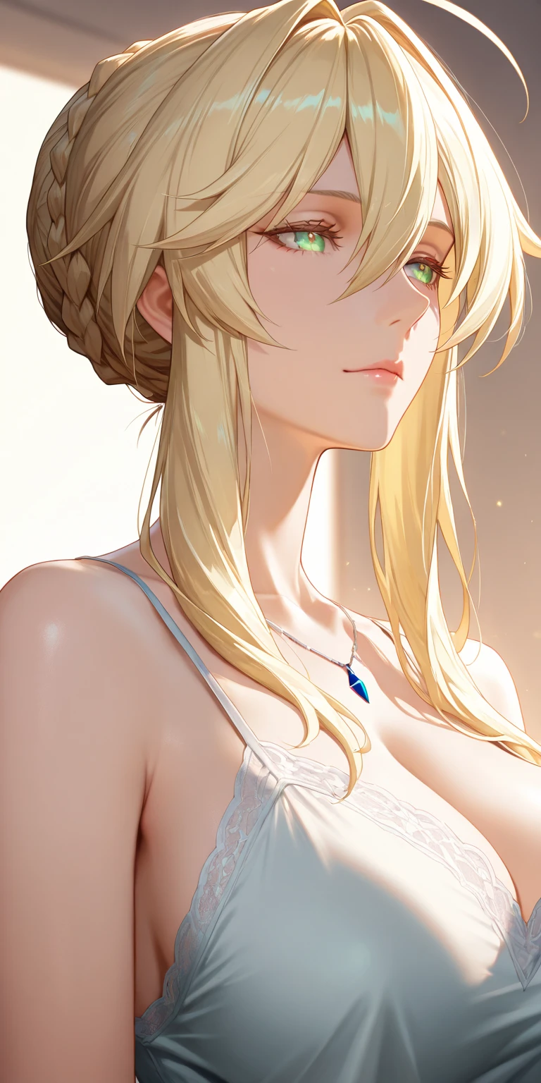 portrait, elegant mature woman, brown eyes, long straight hair, swept-side bang, [[brown hair]], (blonde hair), camisole, big breast, transparen camisole, see through camisole, high resolution 8k, beautiful cg