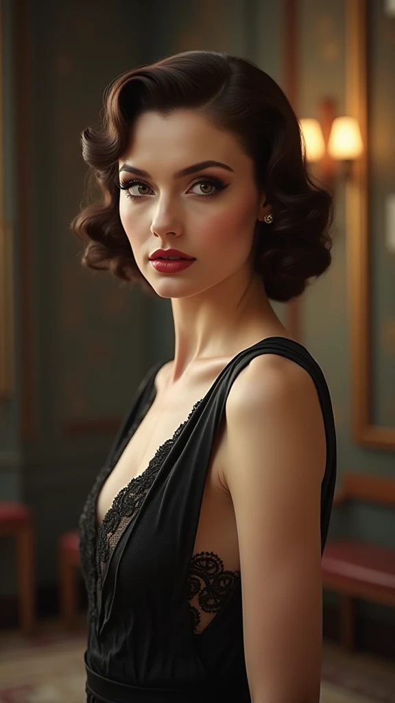 A close-up of a sensual, evil-smiling seduction scene in A Bewitching: A glamorous female singer with overwhelming beauty and heavy makeup, wearing her stage costume of a crimsonred satin off-shoulder dress with glitter, suddenly appears from the shadows of an unoccupied, eerily bright ship's corridor and seductively beckons a lost man. The man succumbs to his carnal desires and gives in to the temptation, losing himself in the pursuit of the woman's voluptuous buttocks as he is led along. The woman, who entered the elevator first, urges him to enter, saying that they will do something naughty inside, when the elevator is broken, and in fact the entire bottom panel has fallen out, revealing an abyss inside the shaft. She is a lost evil spirit who lures the living to death. Demonic, evil and lascivious grin showing teeth and oral, head tilted back, seductive gaze, looking at the viewer, From the side, pov, focus on woman, bust shot, bright and strong overall lighting, brunette with short permed hair, reflective blue eyes, shining red lips that look wet, aesthetic, glamorous, soft and curvy, bodycon, pale skin, neck, collarbone, shoulders, full upper chest, deep cleavage, saggy huge breasts, Pearl white silk gloves, seductive pose using both hands, perfect anatomy, ideal facial features, ideally proportioned figure, perfectly beautiful body, white glistening skin, super detailed skin, glossy skin, masterpiece, incredibly absurd res, absolutely resolution, ultra high res, magnificent raw photo, extremely realistic, 16k wallpaper